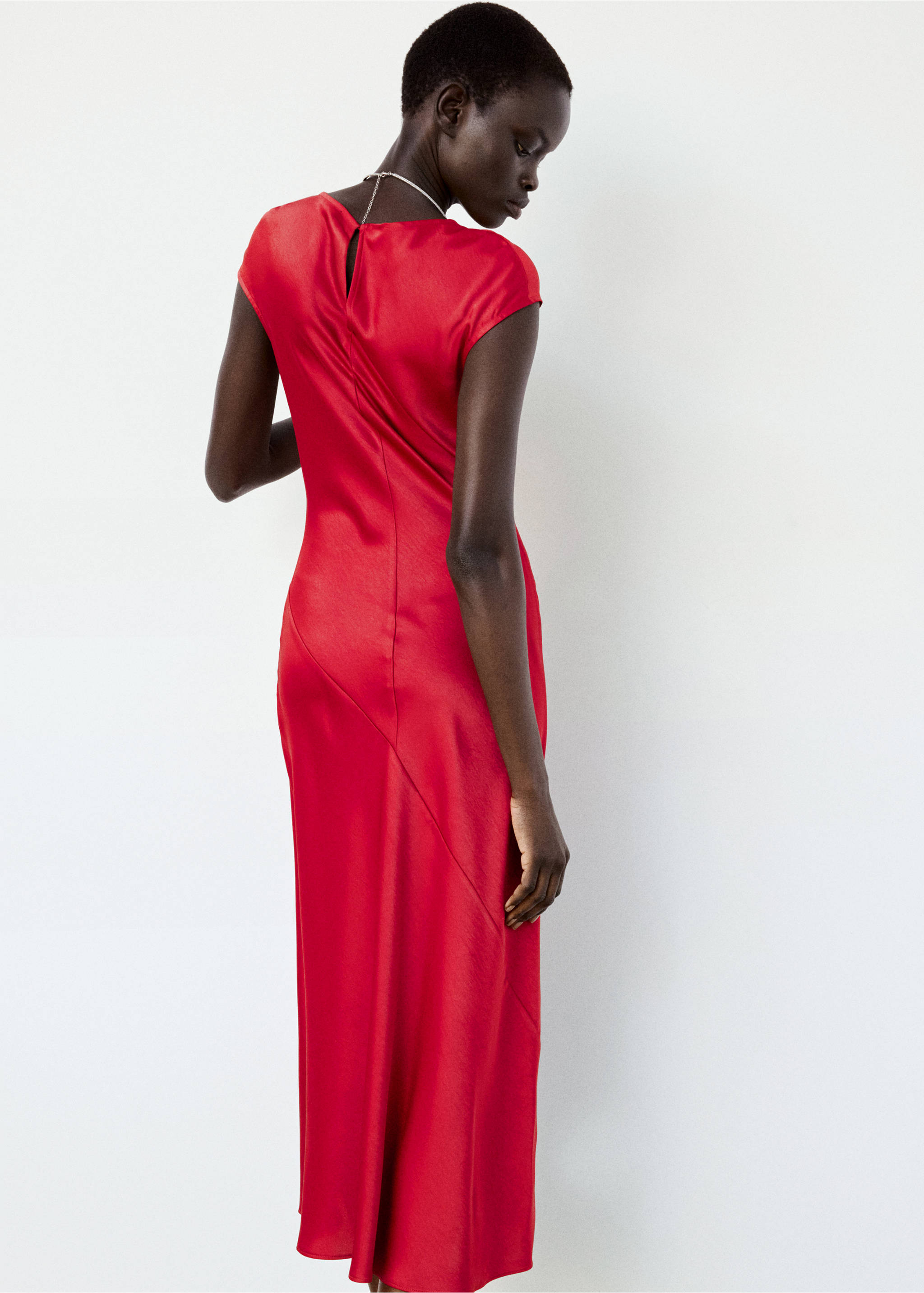 Back view of a red satin midi dress with cap sleeves and a keyhole back., Red. Ref: 37006002-01.