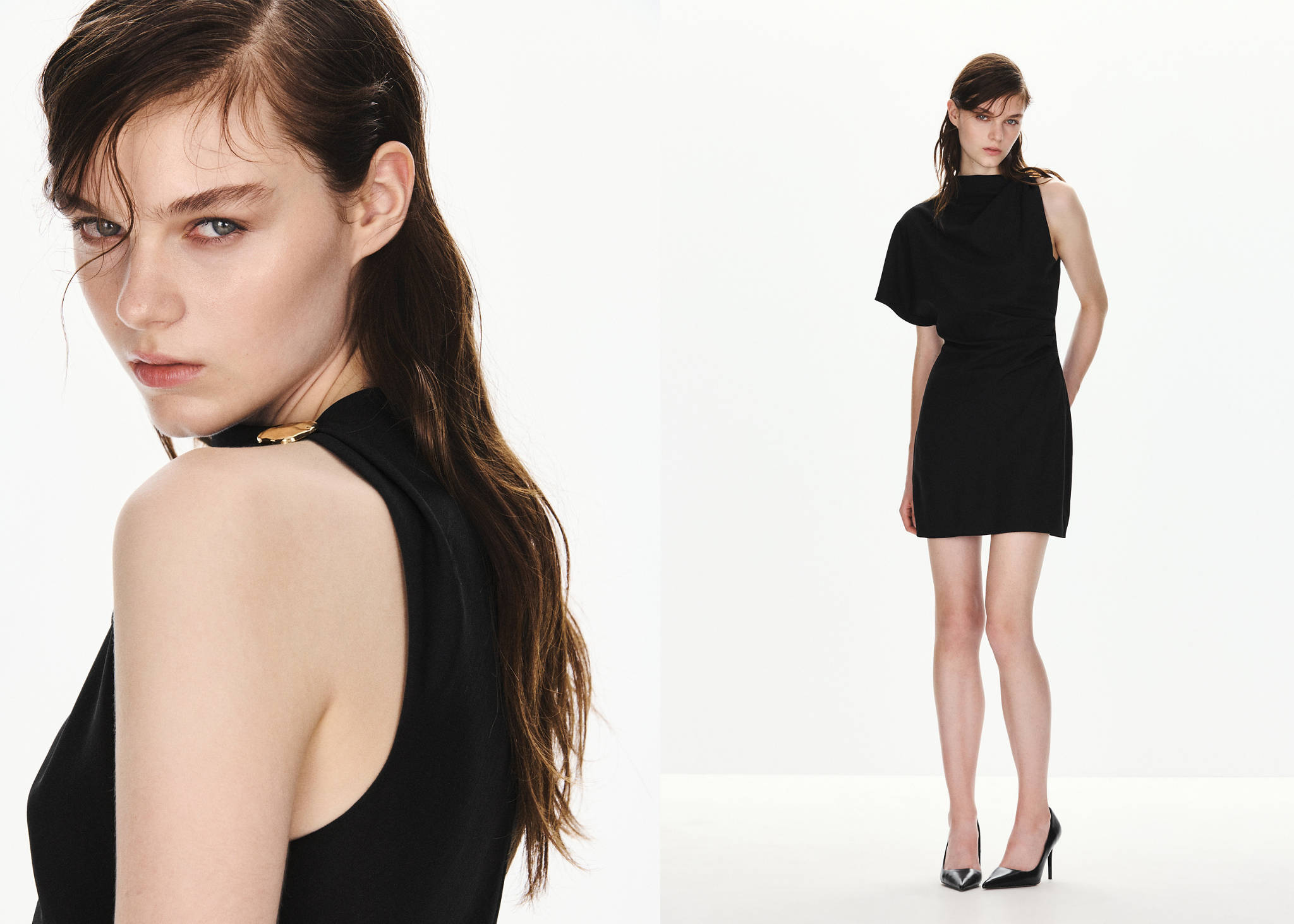 Short black dress with asymmetrical neckline and gold hardware, shown in a composite view with a close-up.