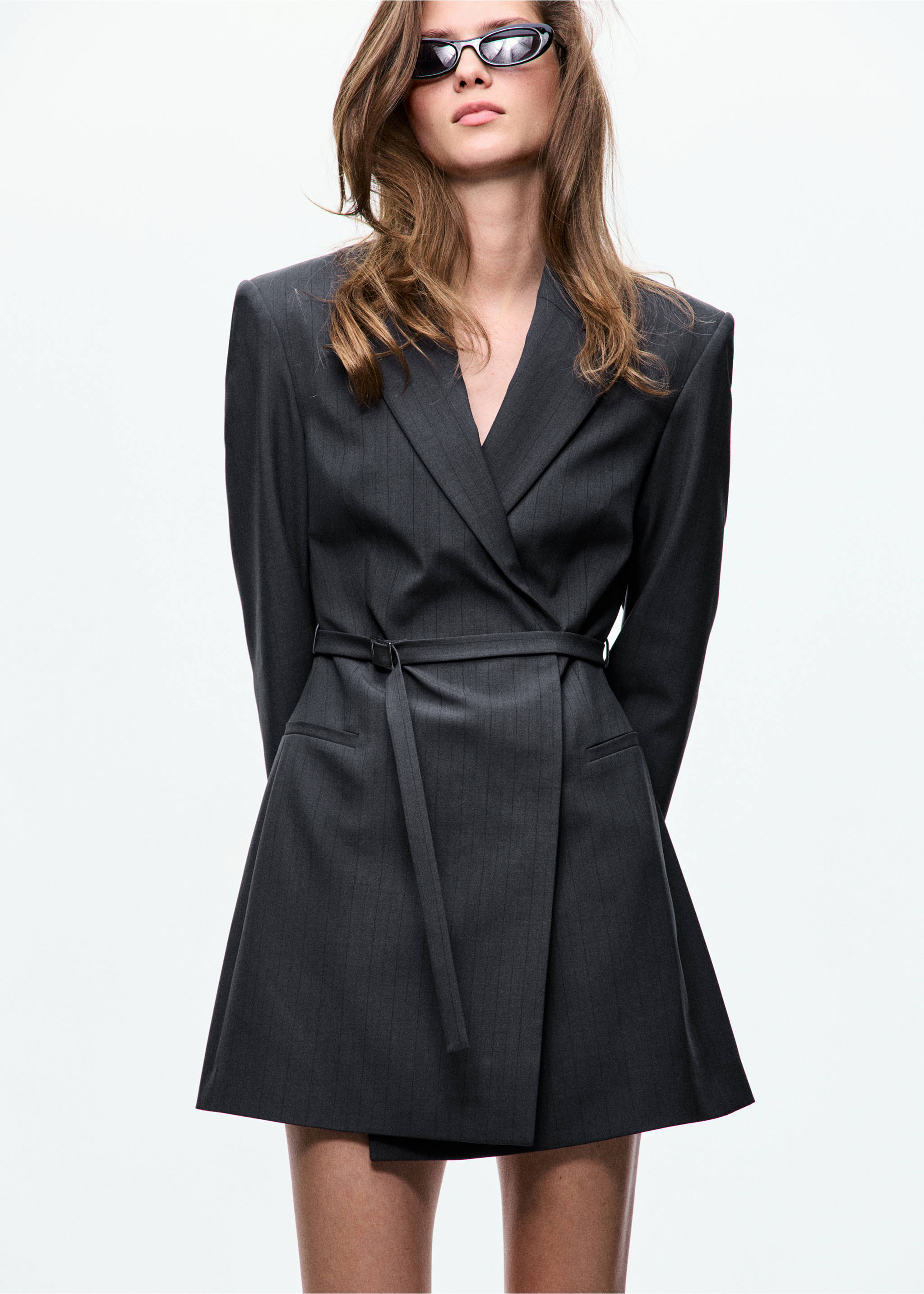 Blazer-style dress with belt - Medium plane, Grey. Ref: 37006006-00.