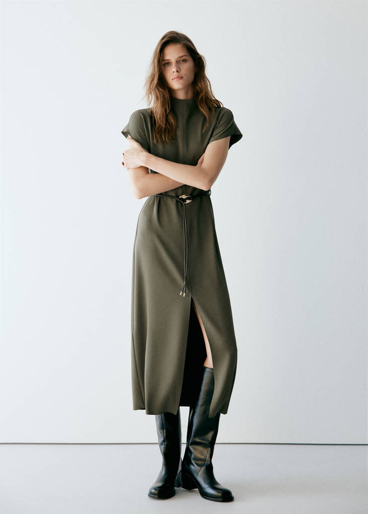 High-neck dress with belt — Brown