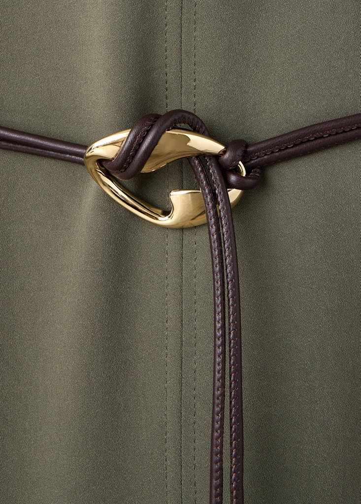 High-neck dress with belt — Brown