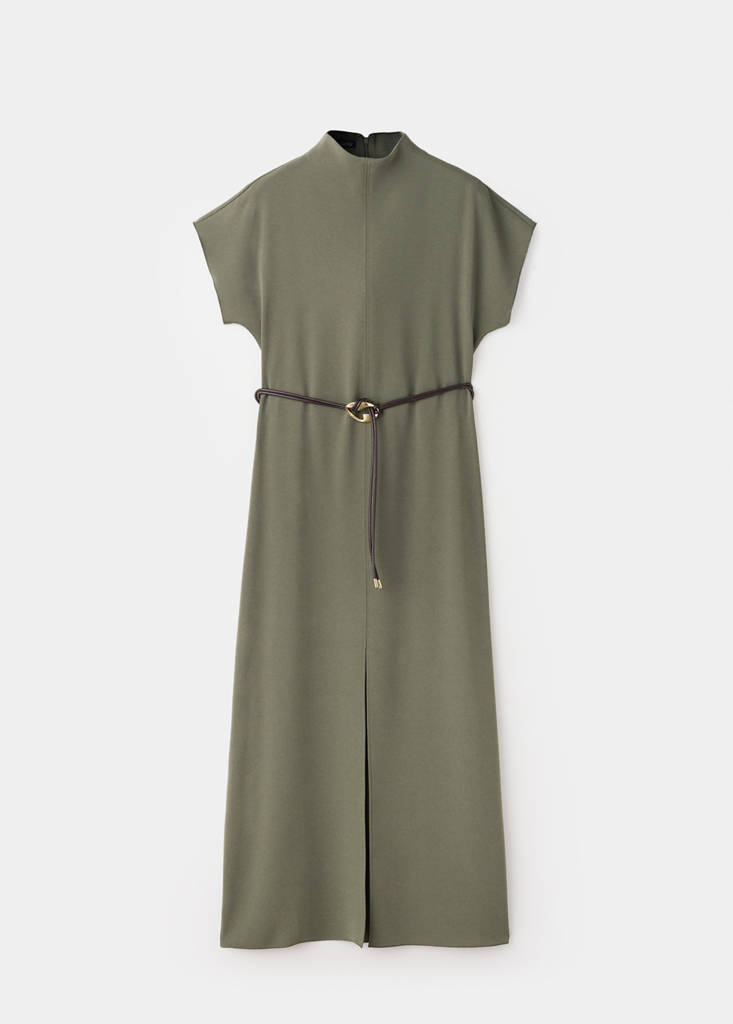 High-neck dress with belt — Brown