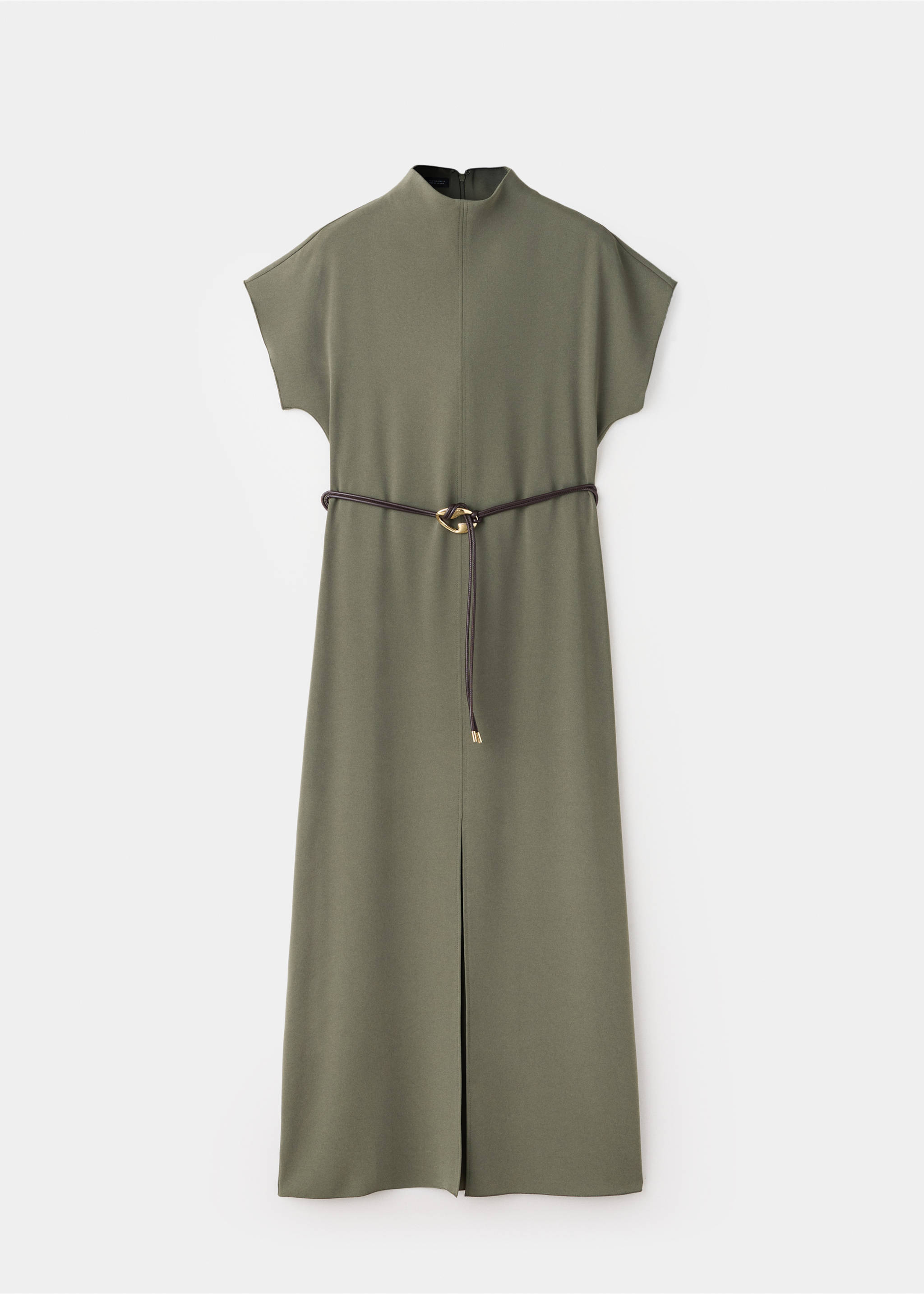 High-neck dress with belt - Article without model, Brown. Ref: 37006007-00.