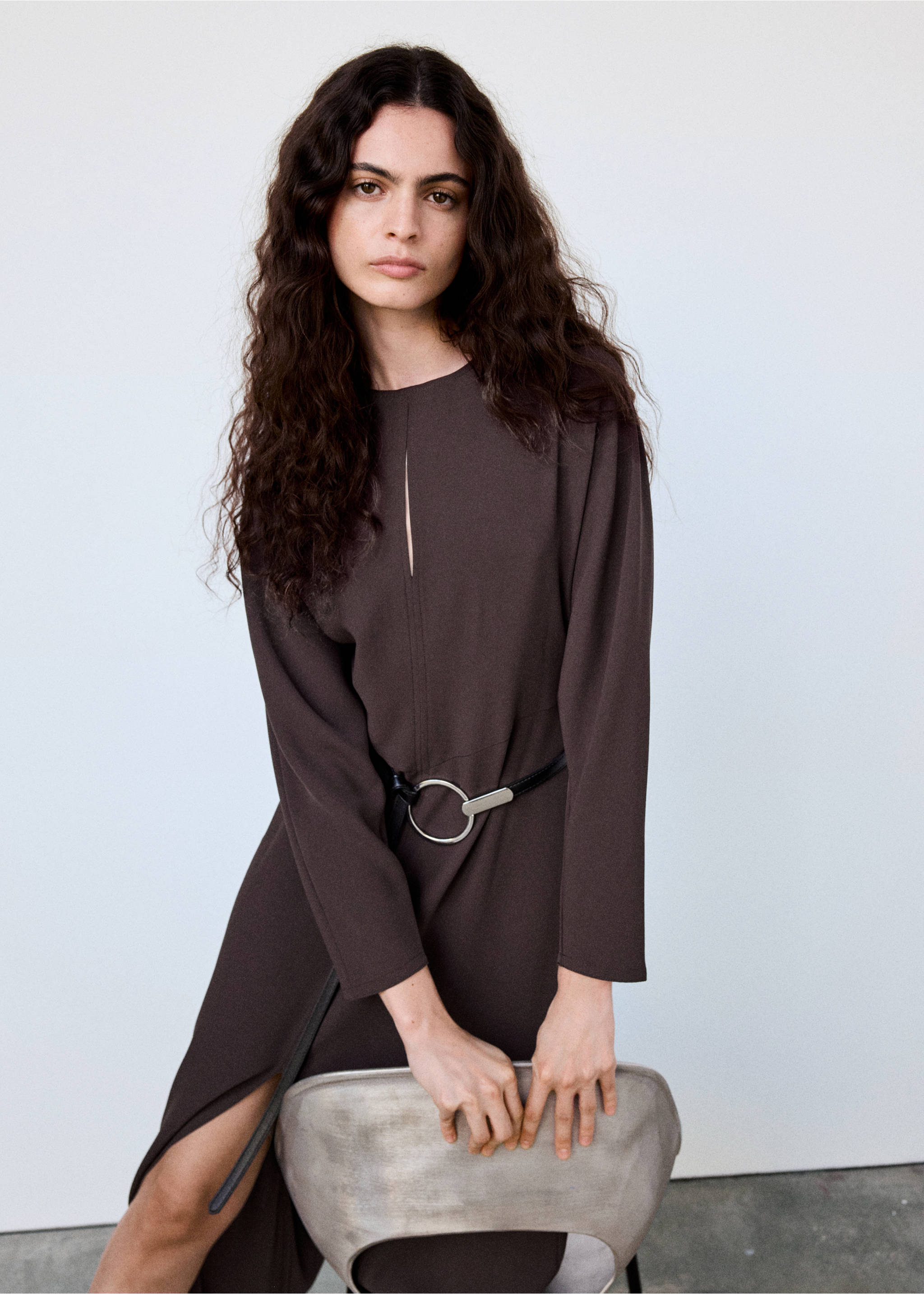 Long-sleeve dress with cut-outs - Details of the article 1, Chocolate. Ref: 37006010-00.