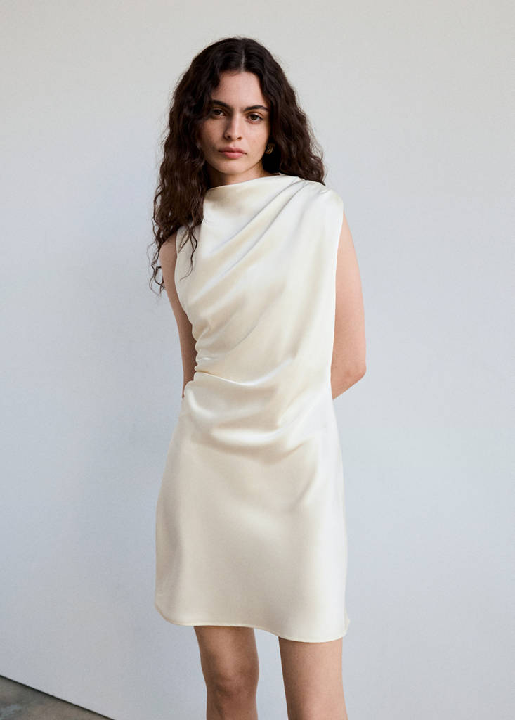 Ruched dress with draped neckline — Ecru