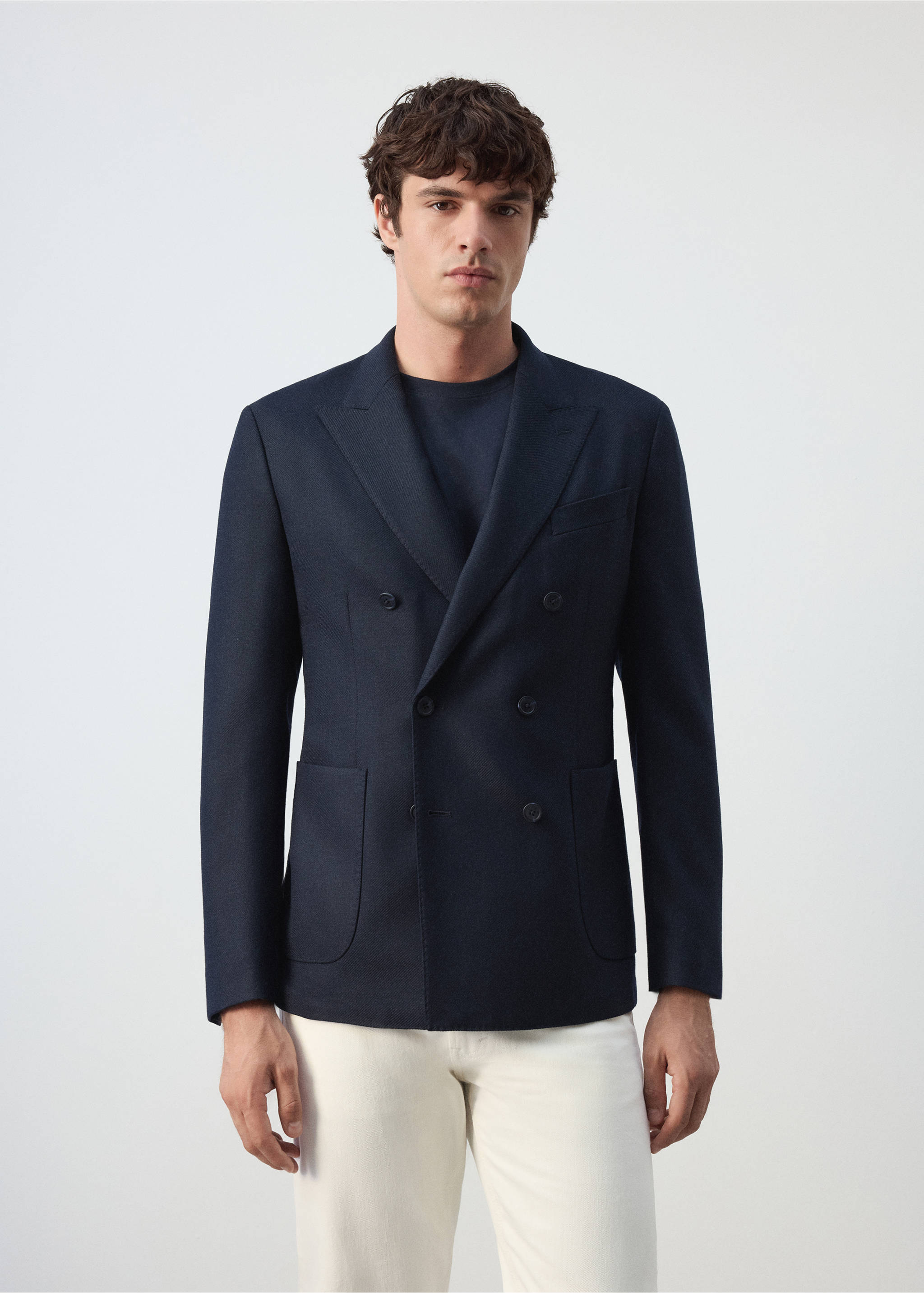 Slim fit wool blend blazer - Medium plane, Navy. Ref: 37006328-00.