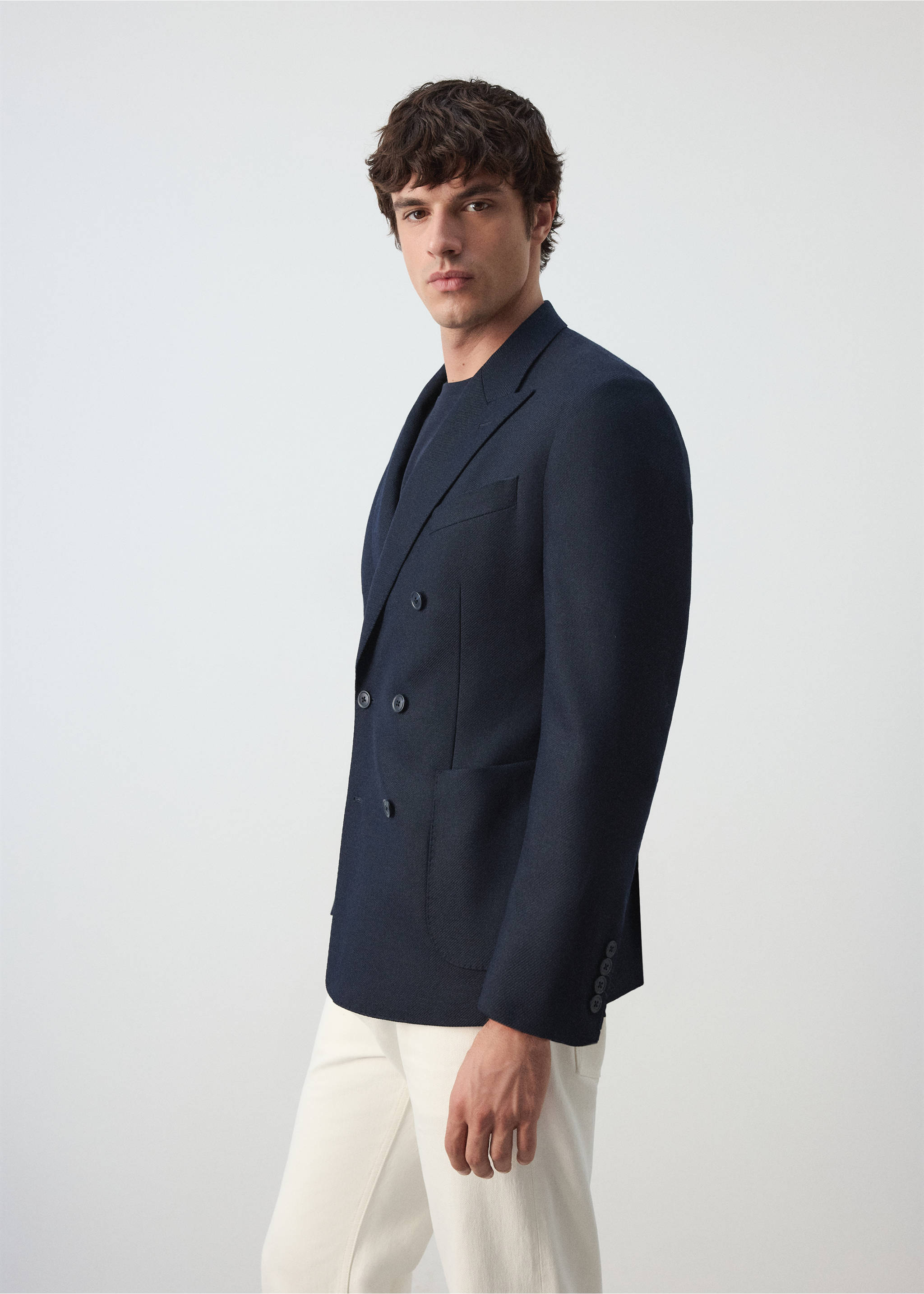 Slim fit wool blend blazer - Details of the article 2, Navy. Ref: 37006328-00.
