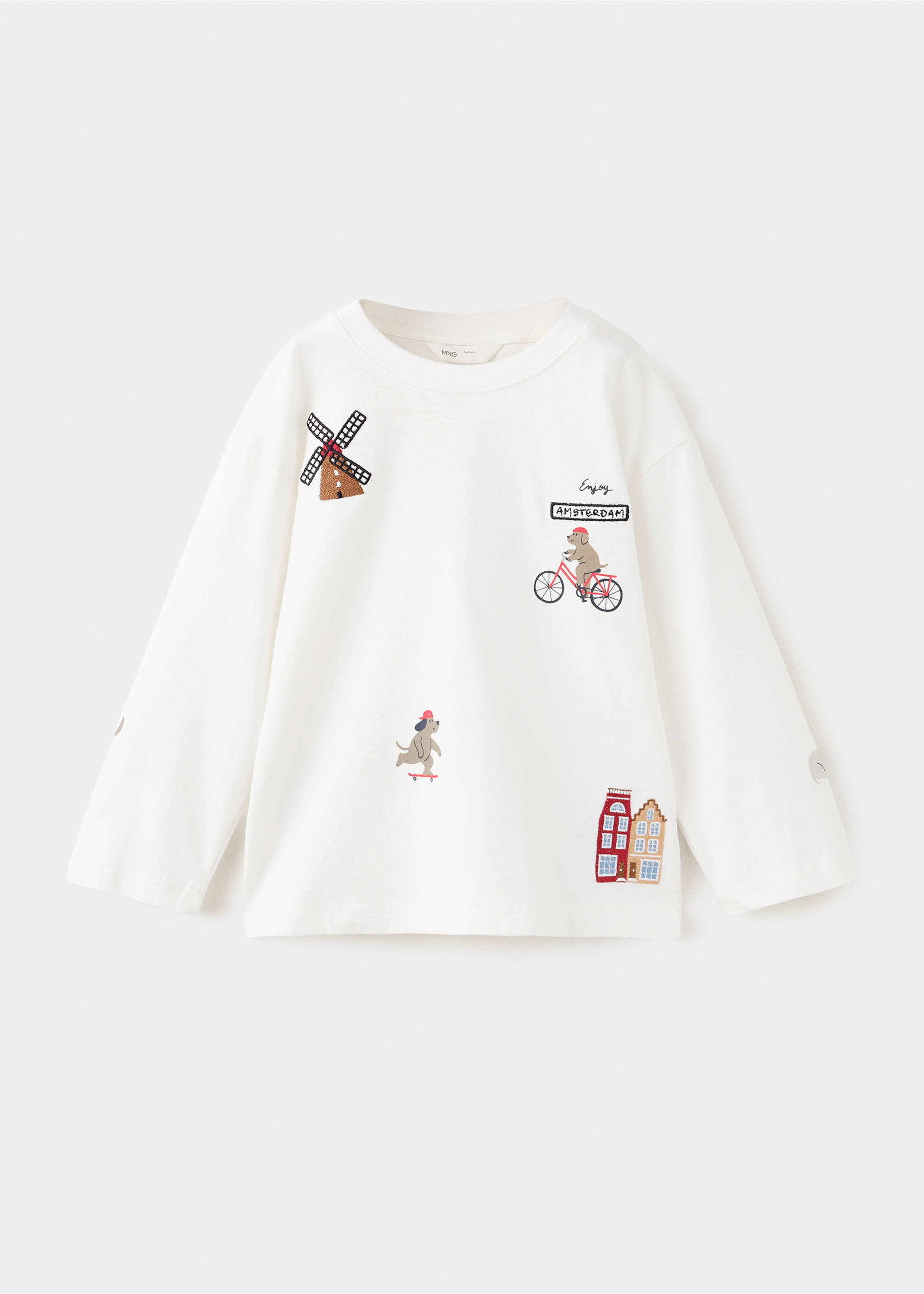 Off-white long-sleeved t-shirt with whimsical Amsterdam-themed embroidered motifs., Off White. Ref: 37006335-00.