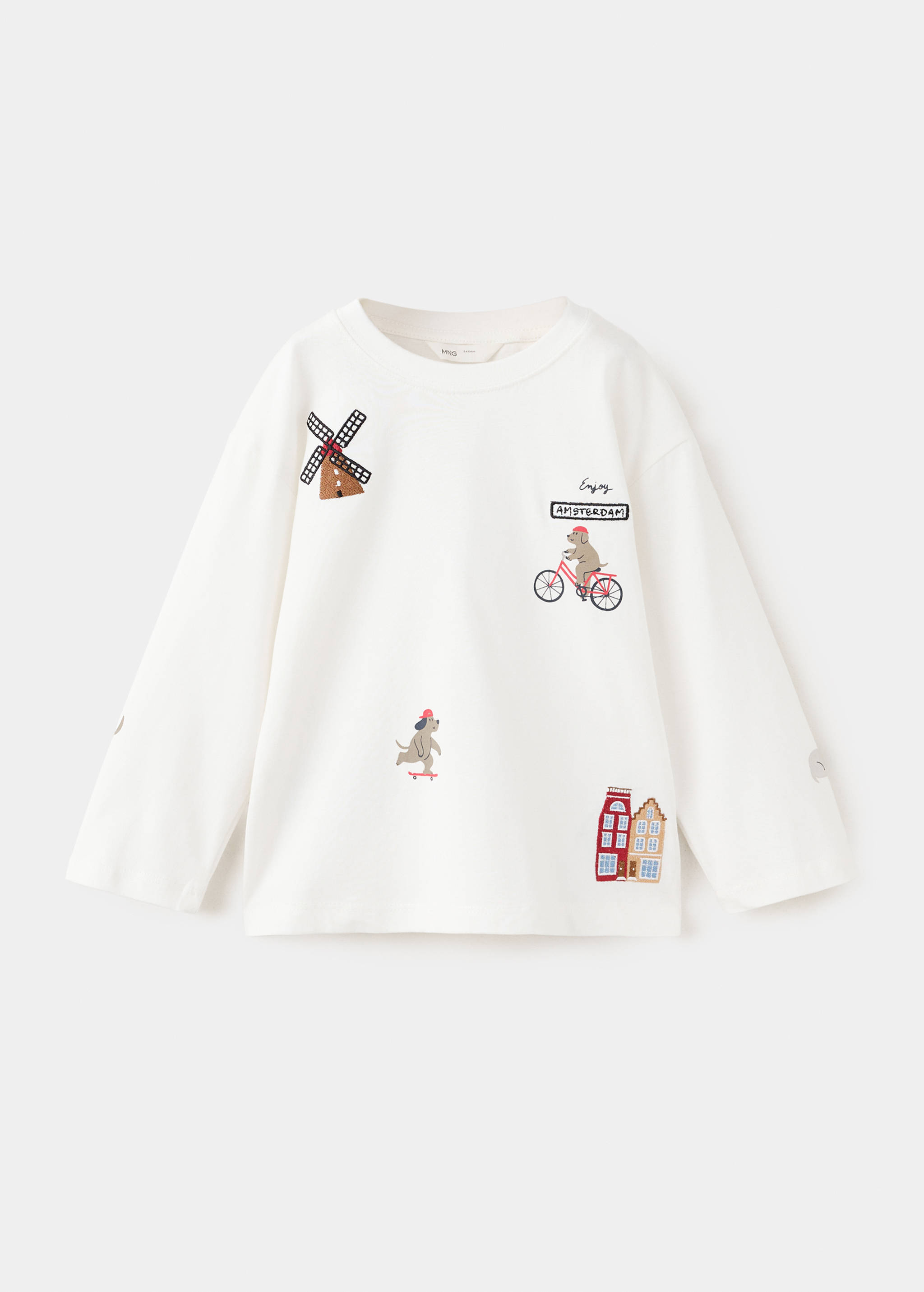 Off-white long-sleeved t-shirt with whimsical Amsterdam-themed embroidered motifs.
