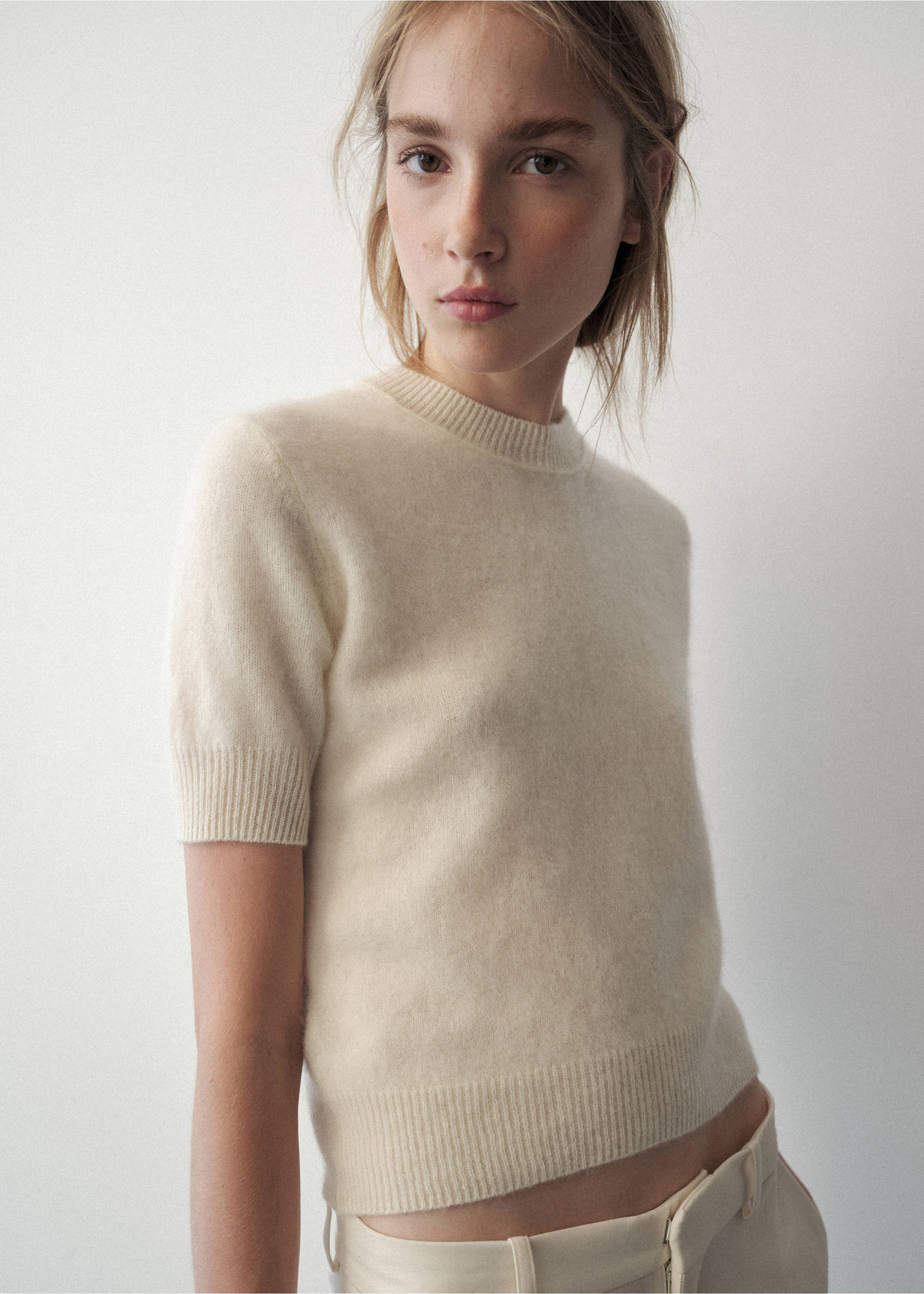 100% wool short-sleeved sweater - Medium plane, White. Ref: 37006340-00.