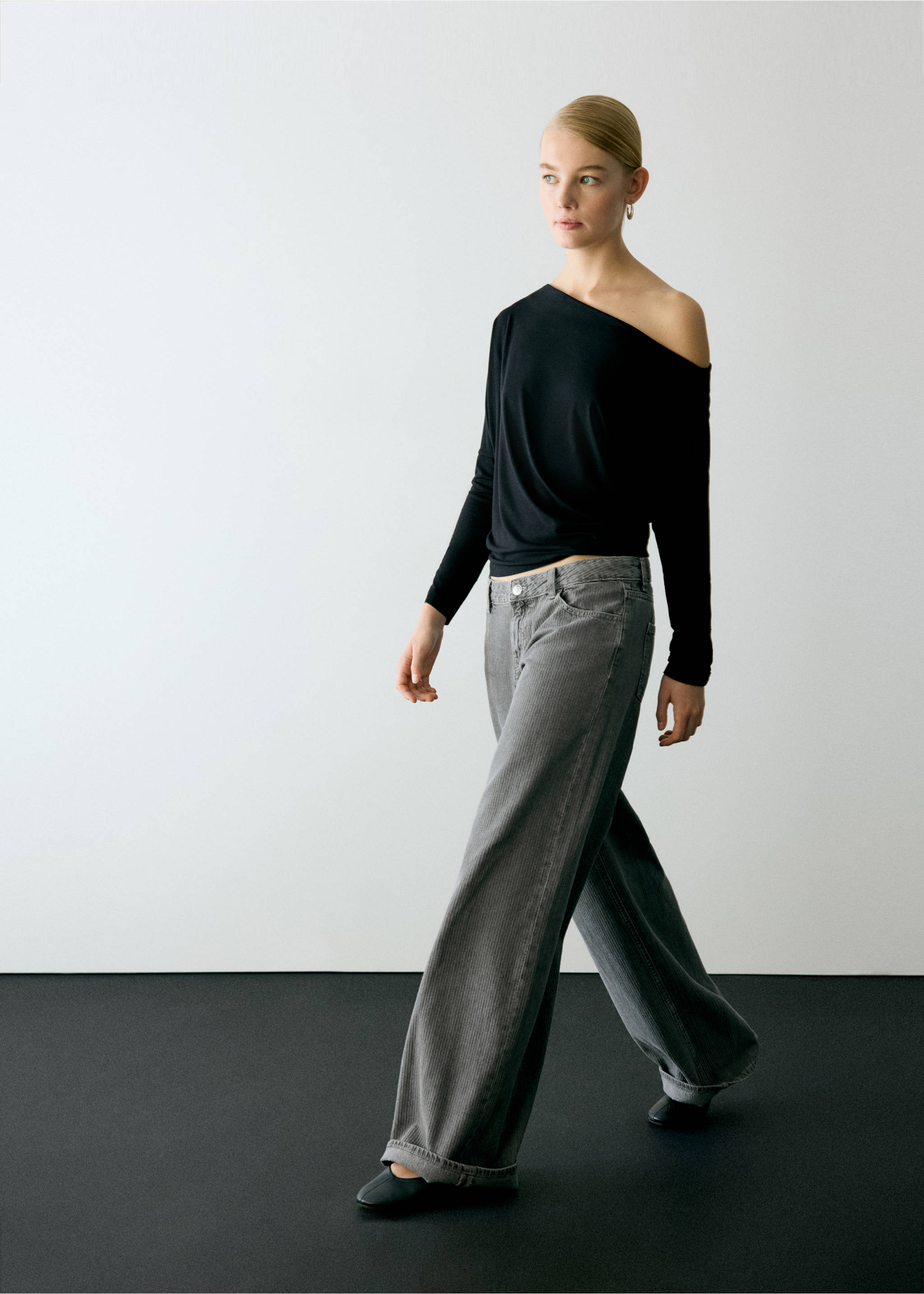 Striped jacquard wide-leg jeans - General plane, Denim Grey. Ref: 37006349-00.