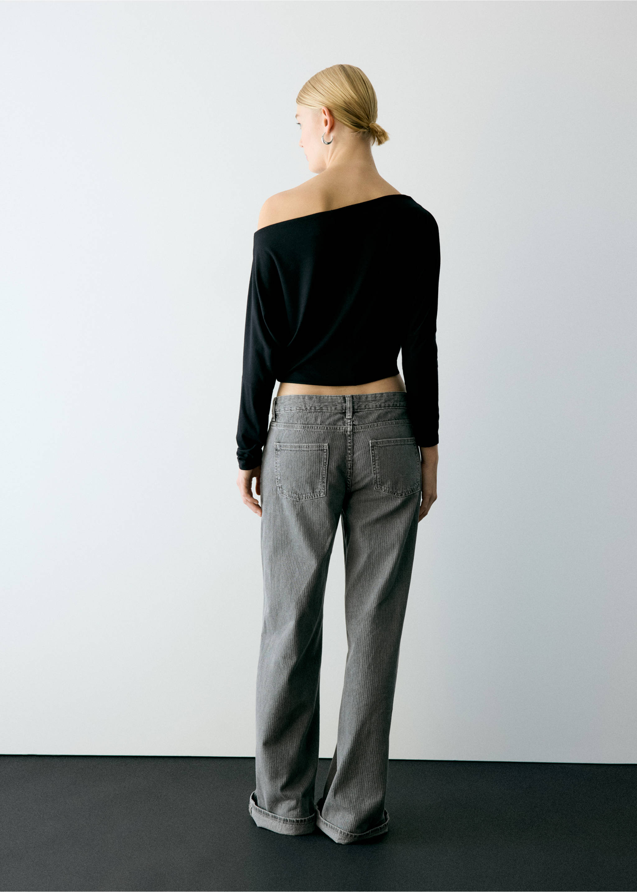 Striped jacquard wide-leg jeans - Reverse of the article, Denim Grey. Ref: 37006349-00.