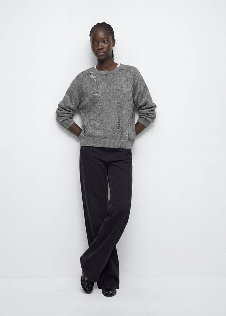 Knitted jumper with frayed openwork details — Dark Heather Grey