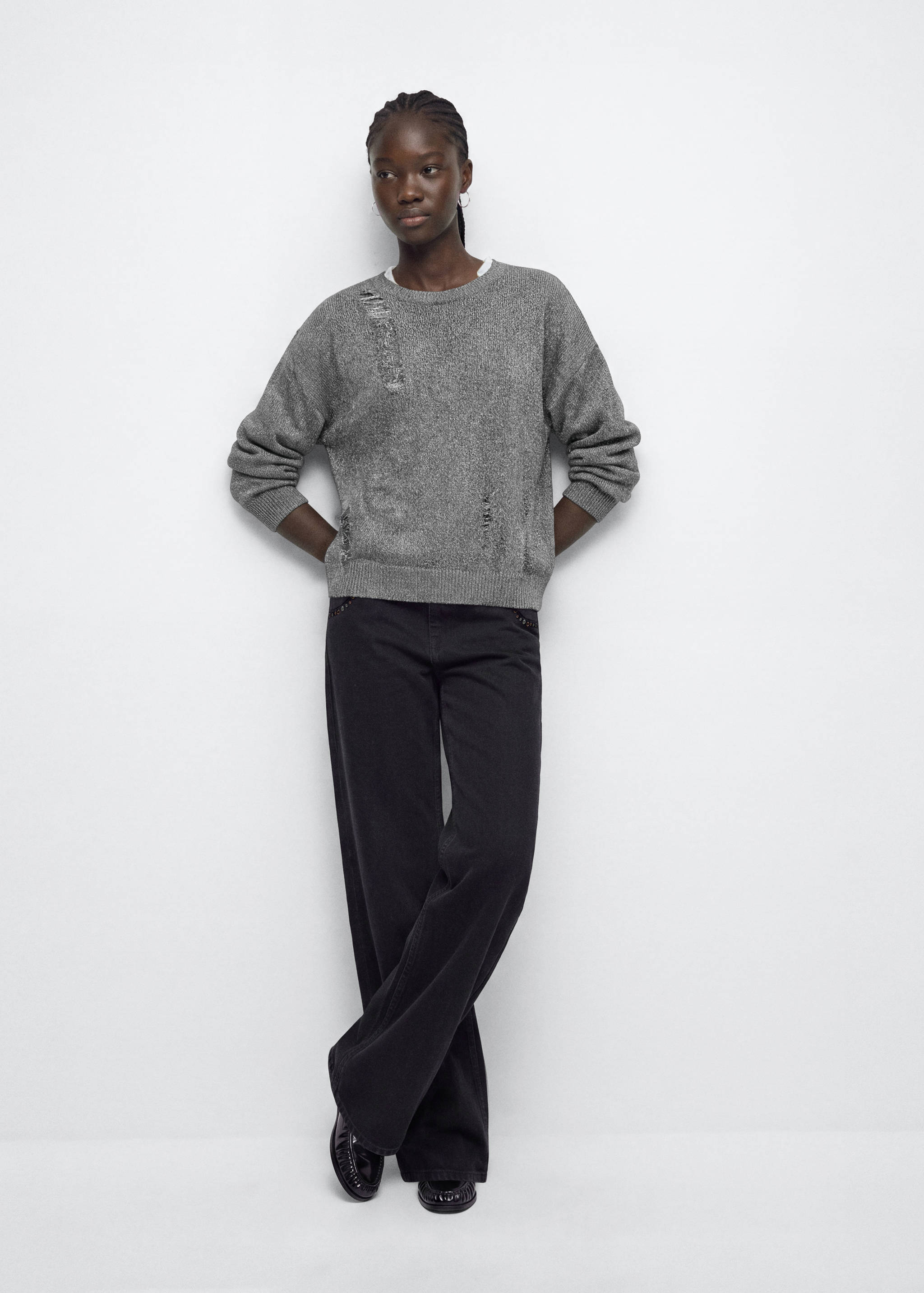 Knitted jumper with frayed openwork details - General plane