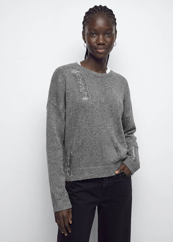 Knitted jumper with frayed openwork details — Dark Heather Grey