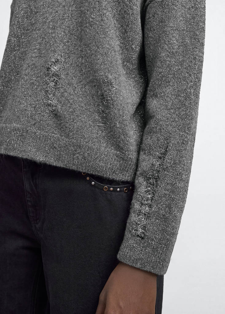 Knitted jumper with frayed openwork details — Dark Heather Grey