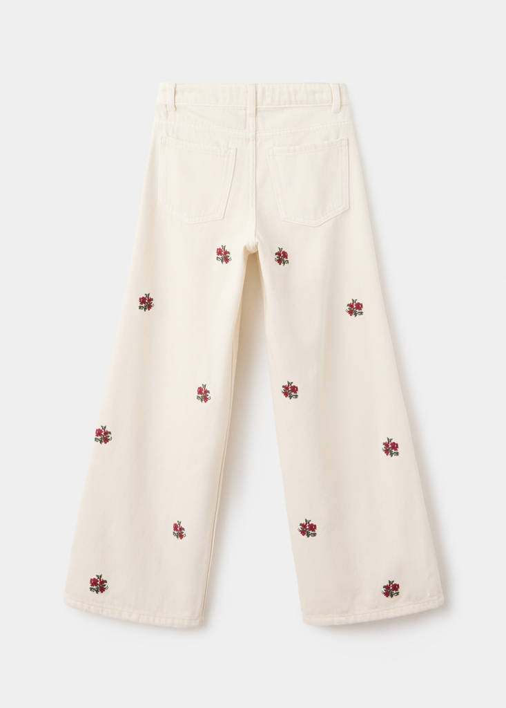 Wide leg jeans with floral embroidery — Ecru