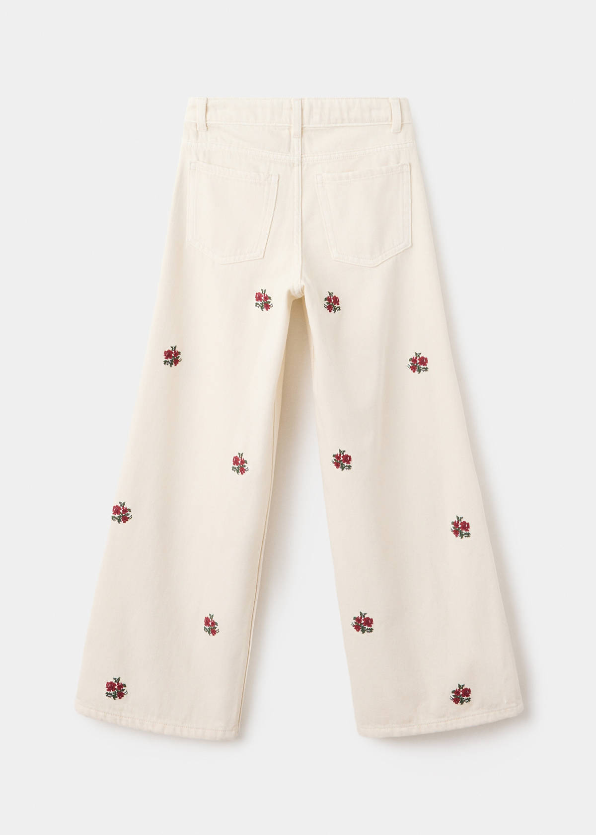 Wide leg jeans with floral embroidery — Ecru