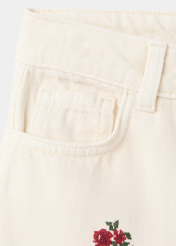Wide leg jeans with floral embroidery — Ecru