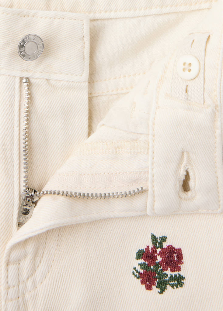 Wide leg jeans with floral embroidery — Ecru