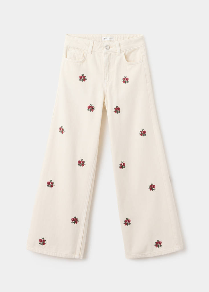 Wide leg jeans with floral embroidery — Ecru