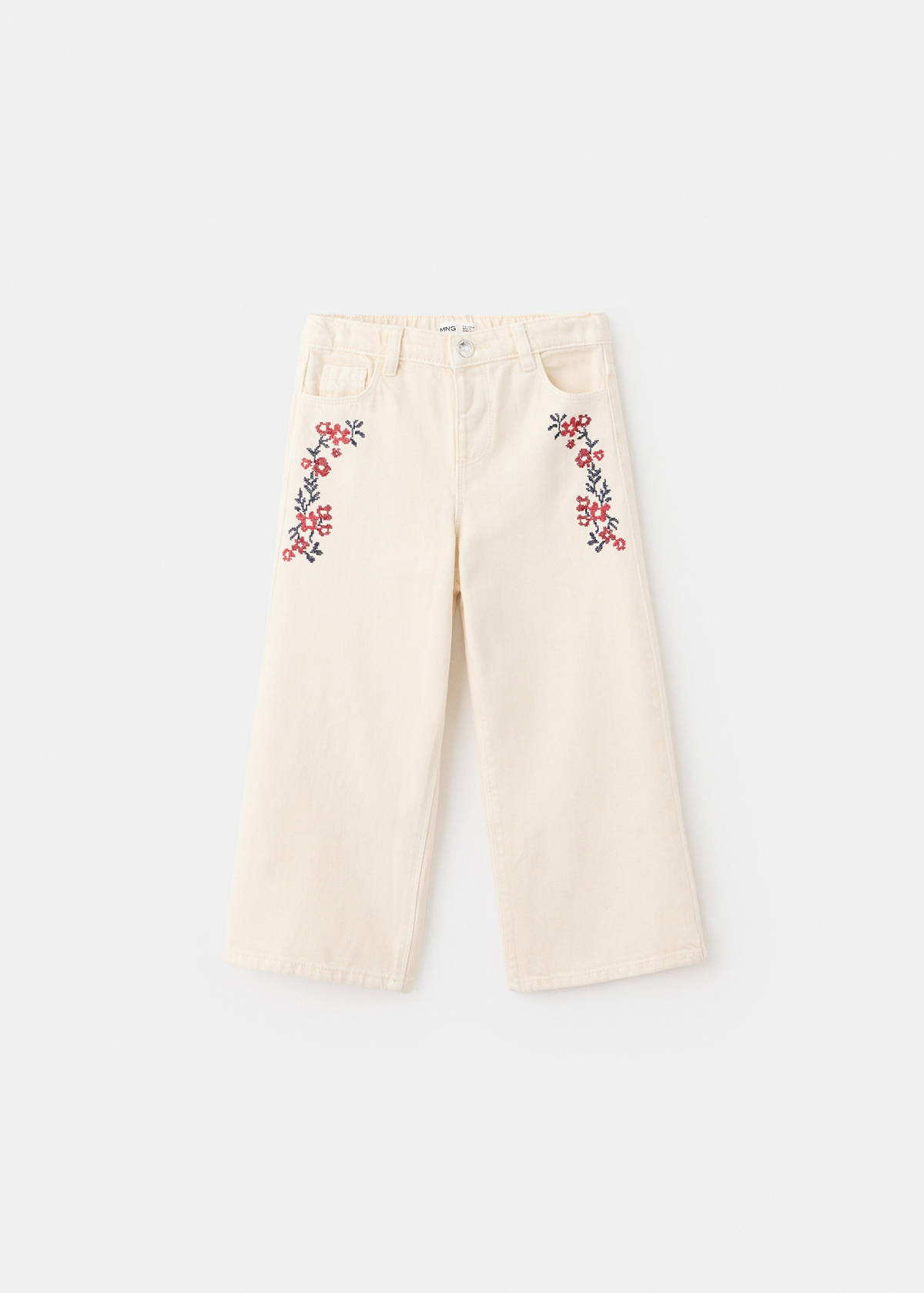 Straight-leg jeans with floral embroidery detail — Ecru