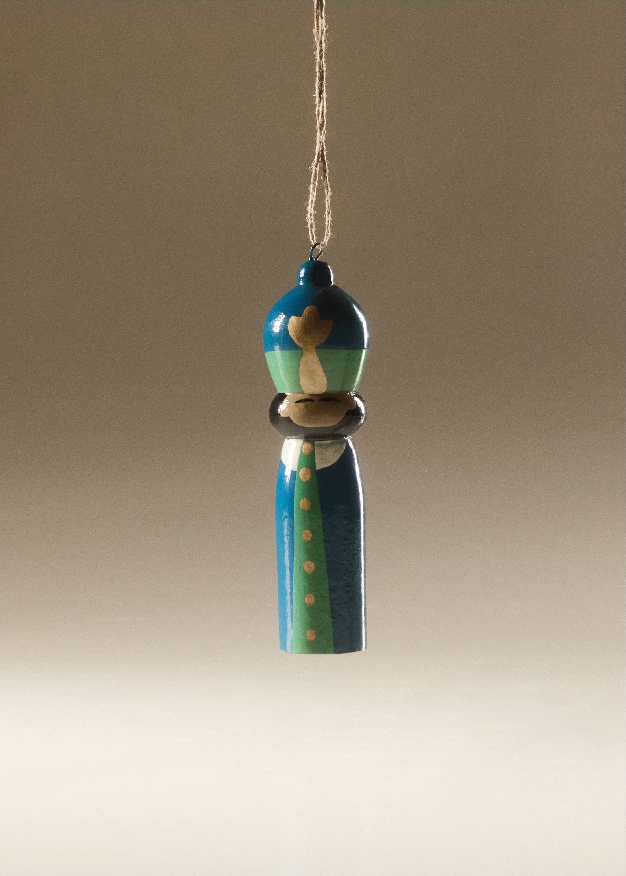 Blue and green painted wooden Christmas ornament hanging by twine., Blue. Ref: 37006741-00.