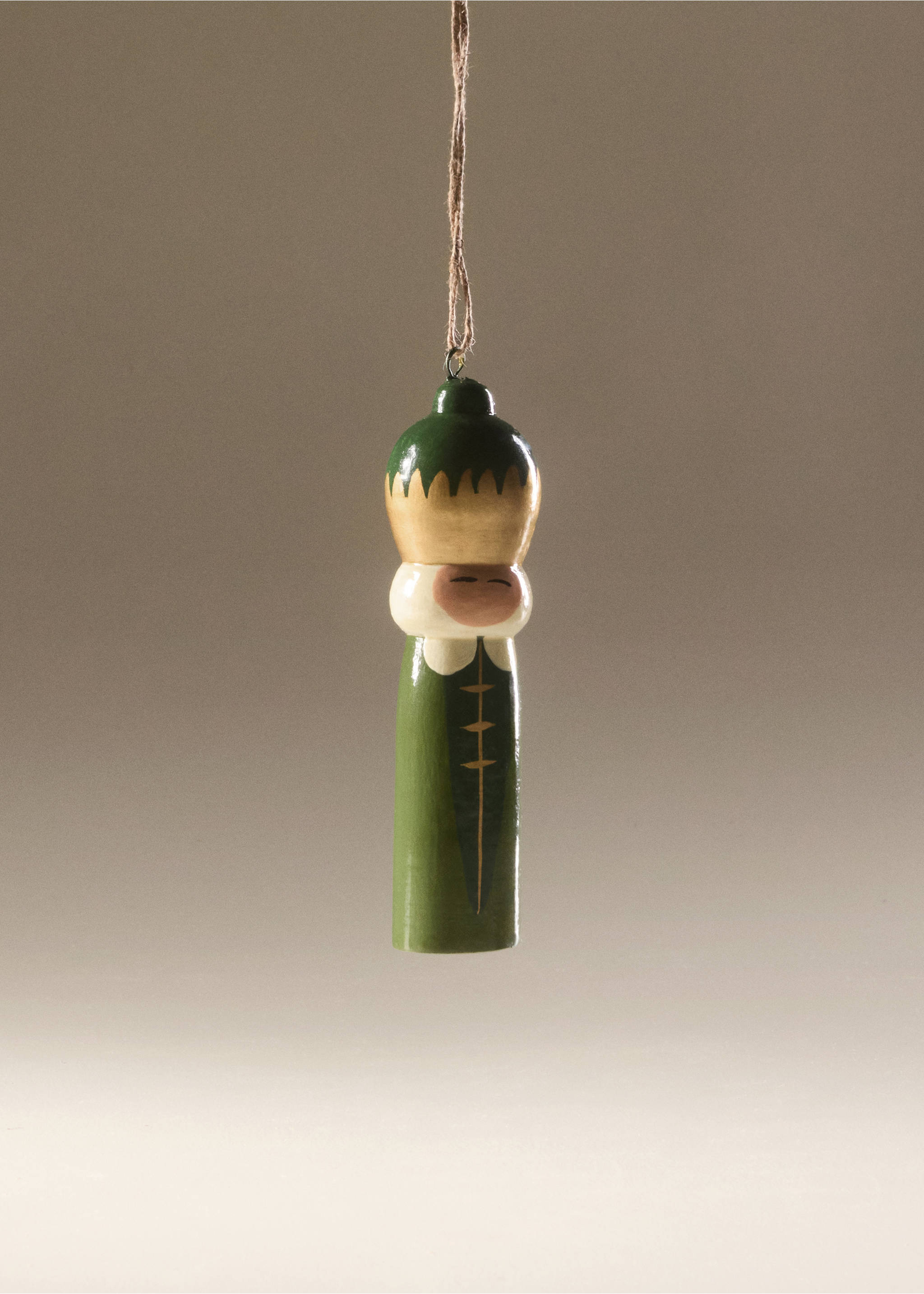 Green and gold wooden Christmas ornament hanging by twine., Green. Ref: 37006743-00.