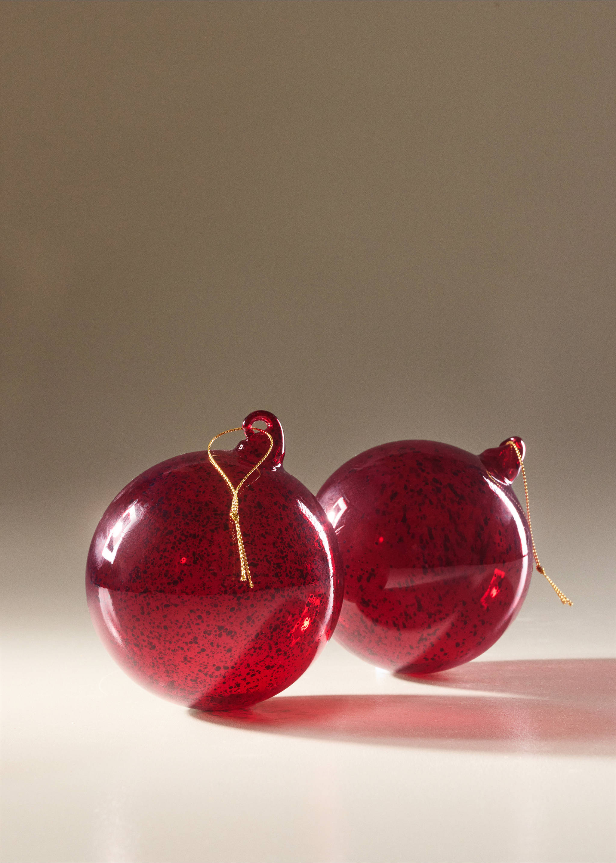 Two speckled red glass Christmas ornaments with gold cords., Red. Ref: 37006745-00.