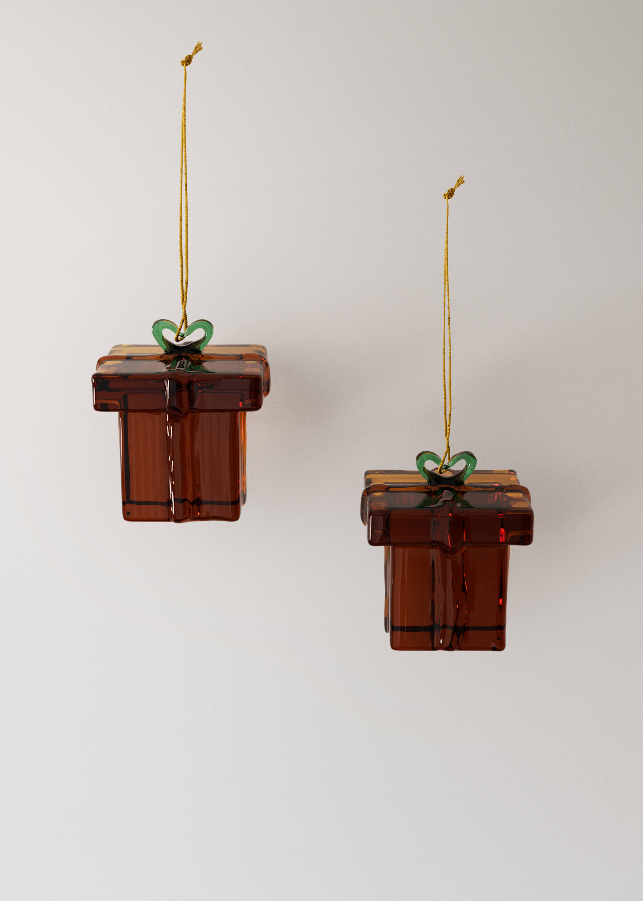 Deep red glass present Christmas ornament with a green bow and hanging thread., Red. Ref: 37006746-00.