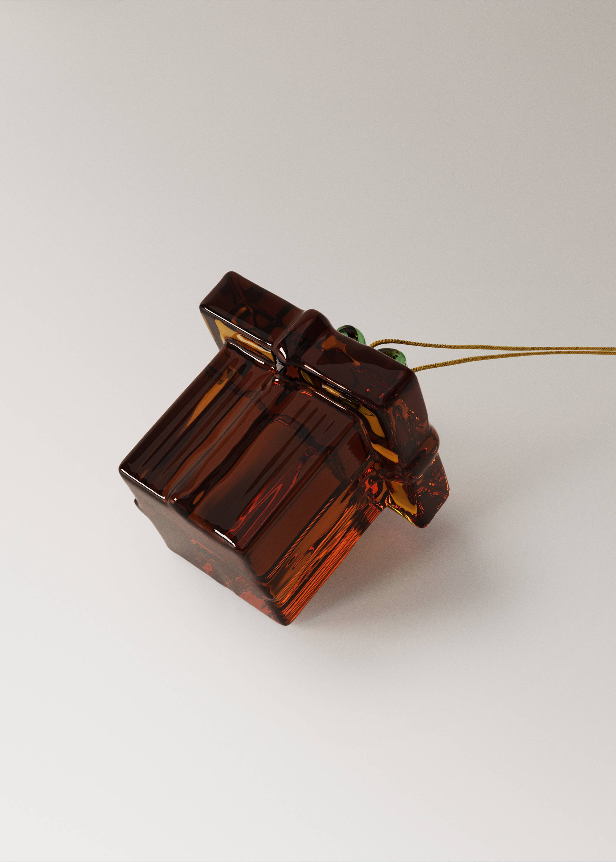 Brown glass Christmas ornament shaped as a present with a green bow., Red. Ref: 37006746-00.