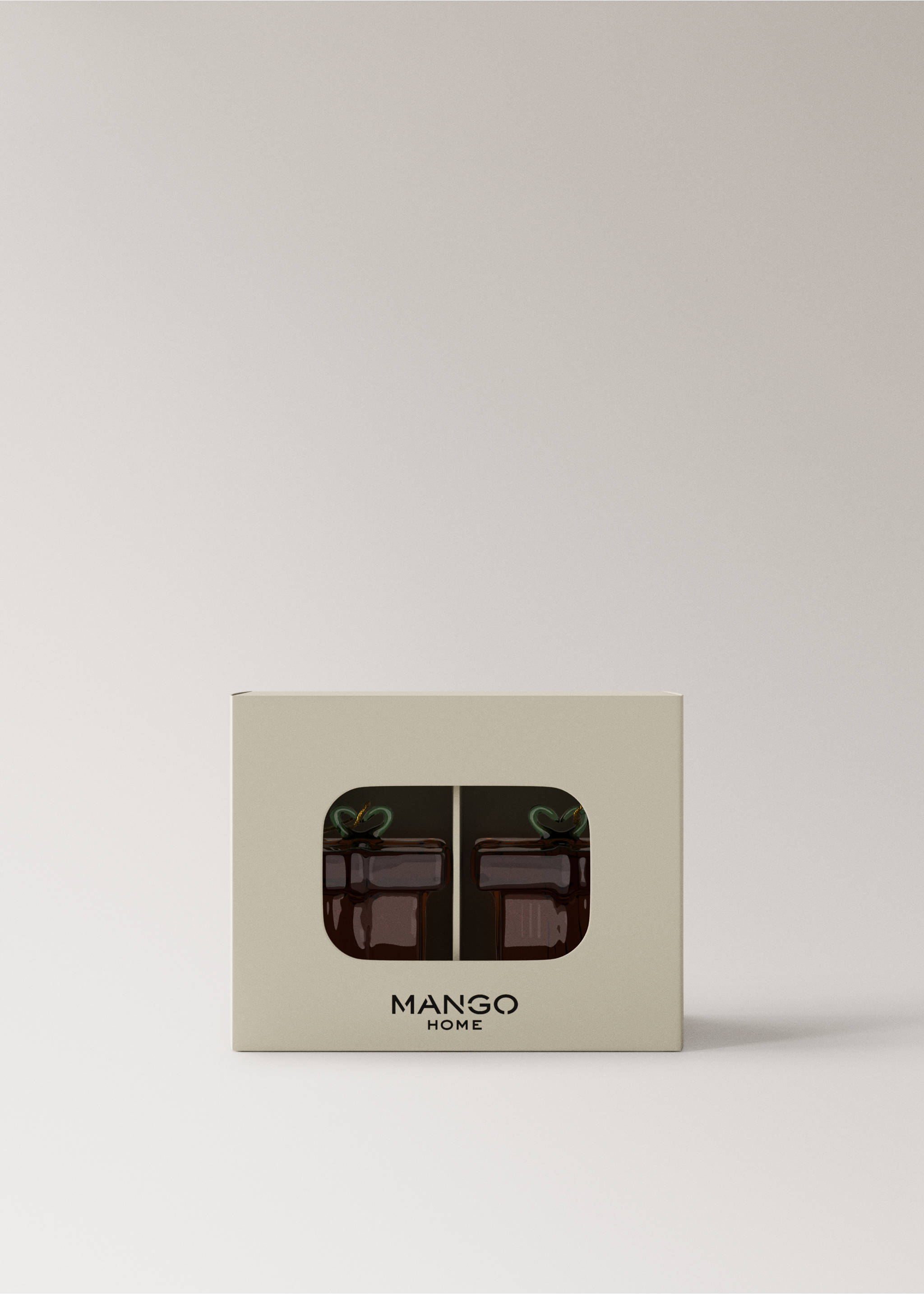 Mango Home light beige presentation box with a window displaying brown glass Christmas ornaments., Red. Ref: 37006746-00.