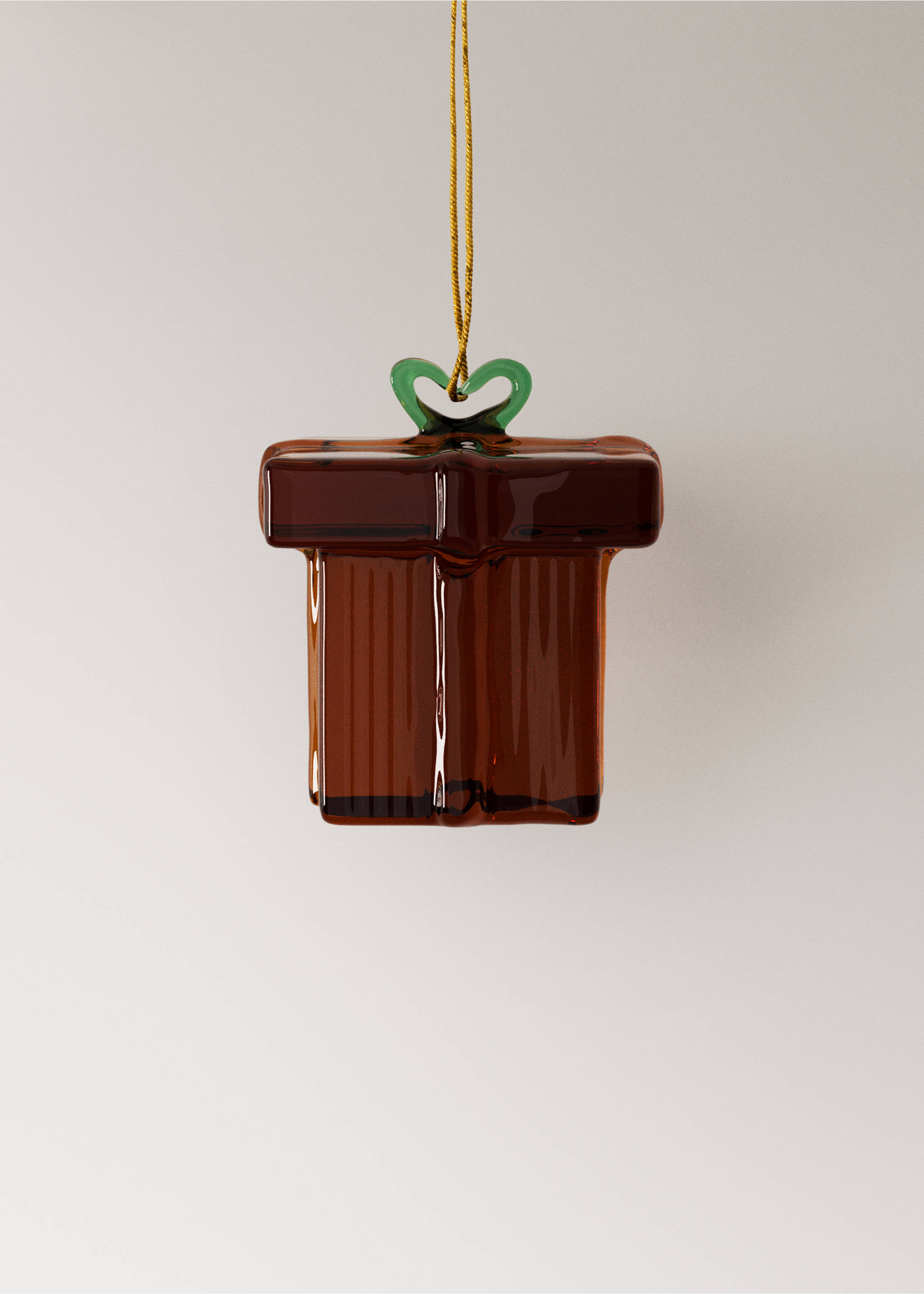 Two glass gift box Christmas ornaments in dark red with green bows and gold hanging cords., Red. Ref: 37006746-00.