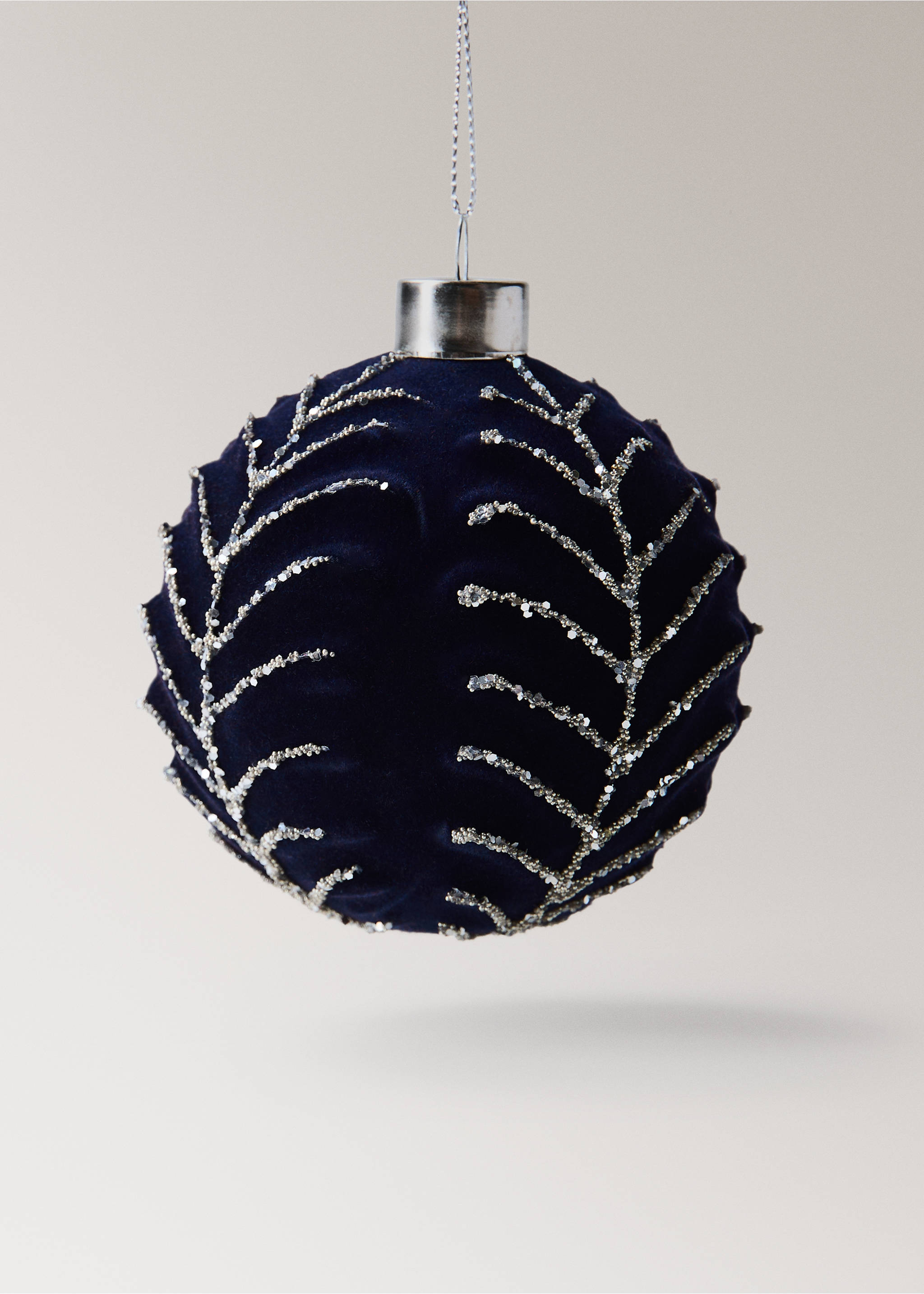Dark navy velvet Christmas ornament with silver beaded leaf embroidery., Blue. Ref: 37006747-00.