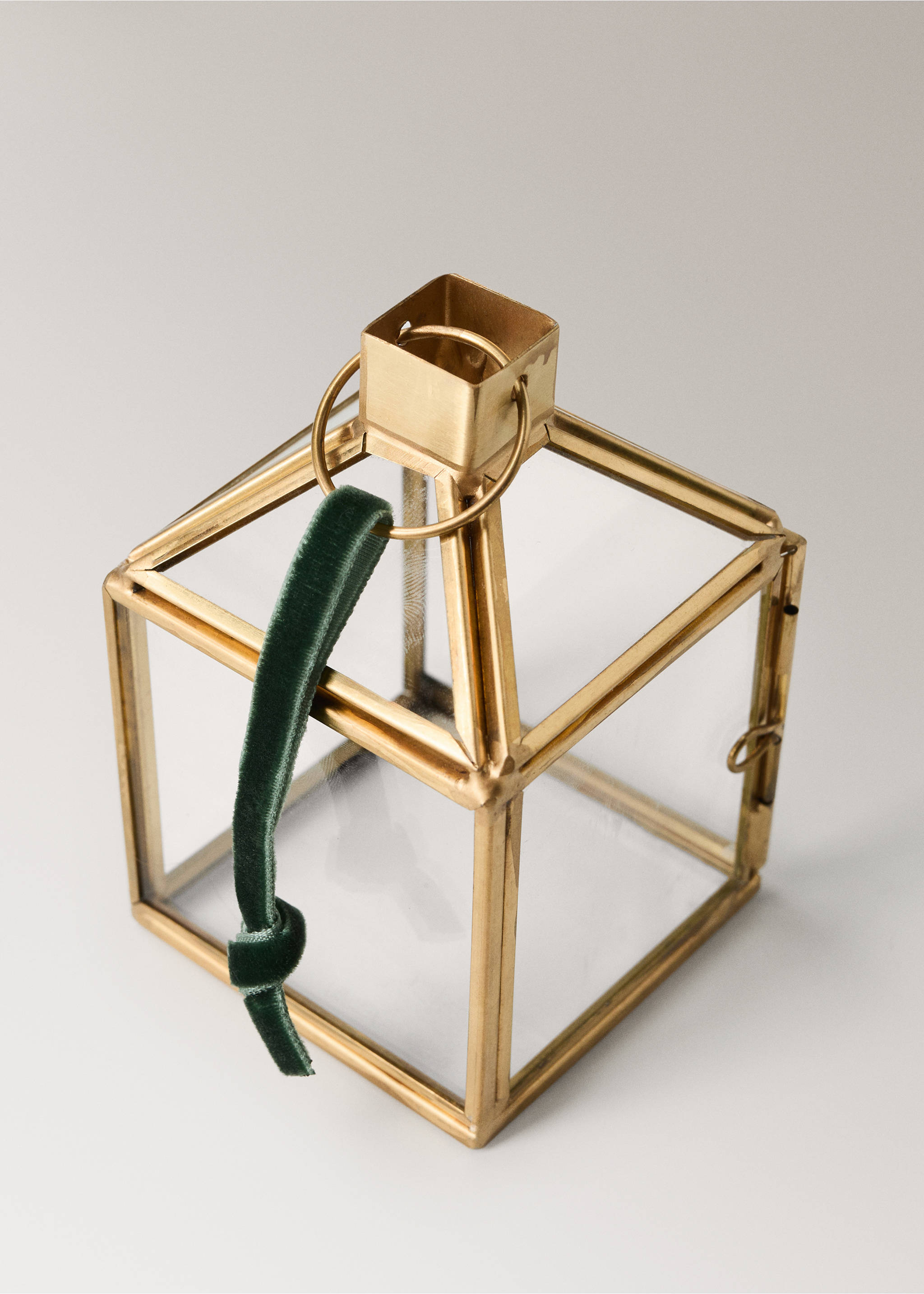 Square brass and glass Christmas decoration lantern with a green velvet ribbon., Gold. Ref: 37006753-00.