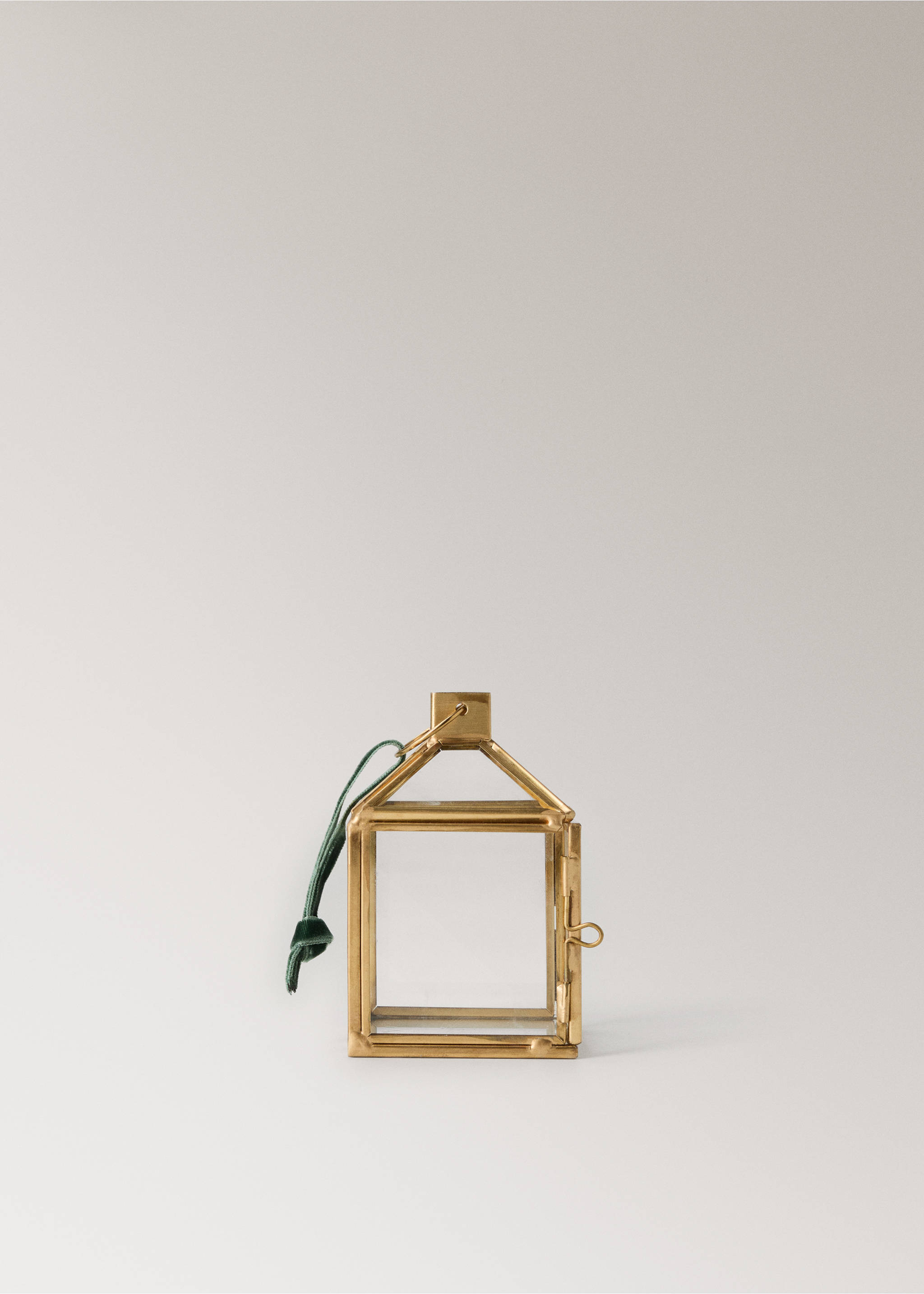 Gold-toned metal and glass house-shaped Christmas decoration with a green velvet hanging ribbon., Gold. Ref: 37006753-00.