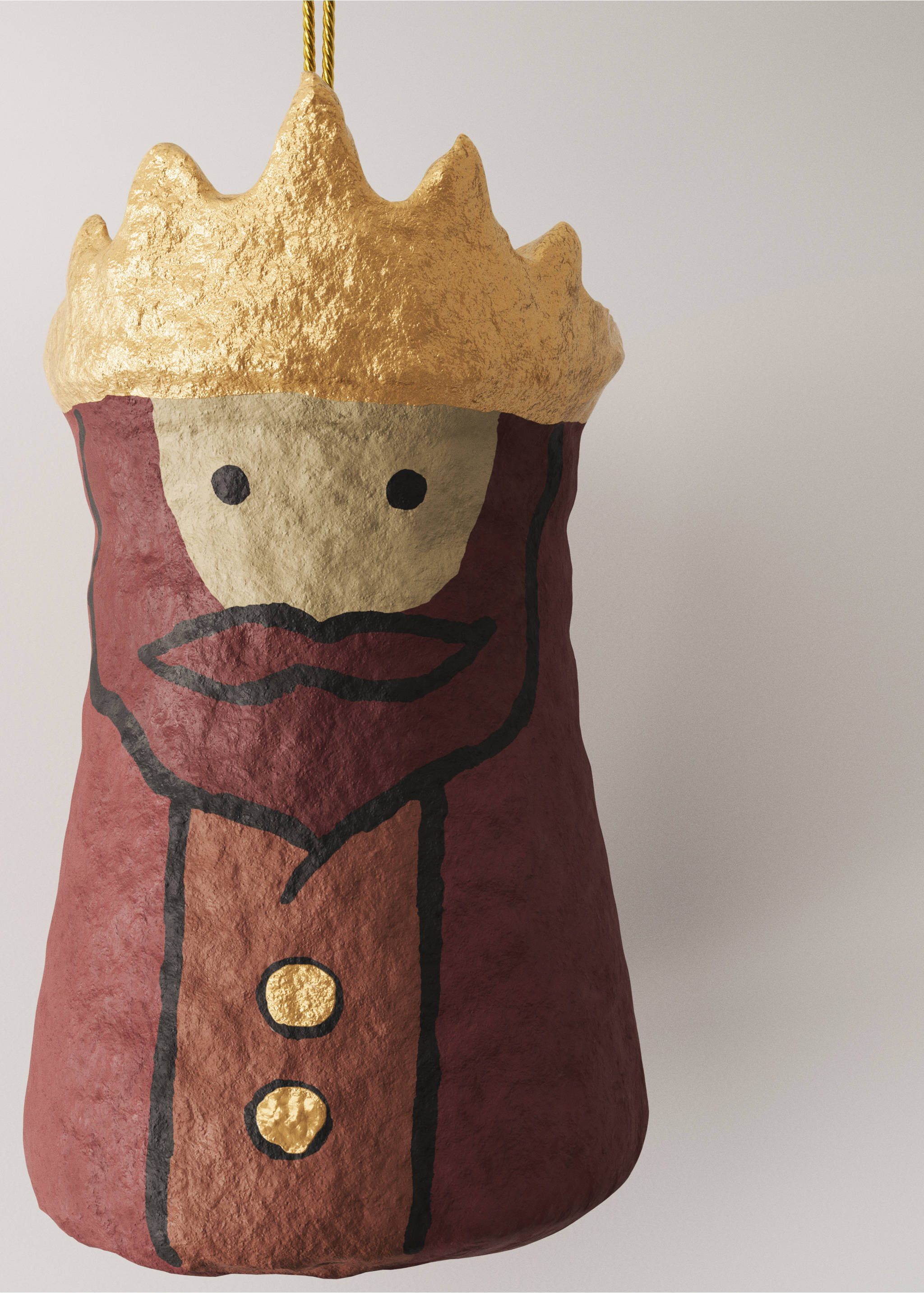 Burgundy Christmas tree ornament featuring a paper-mâché king with a gold crown and painted details., Red. Ref: 37006765-00.