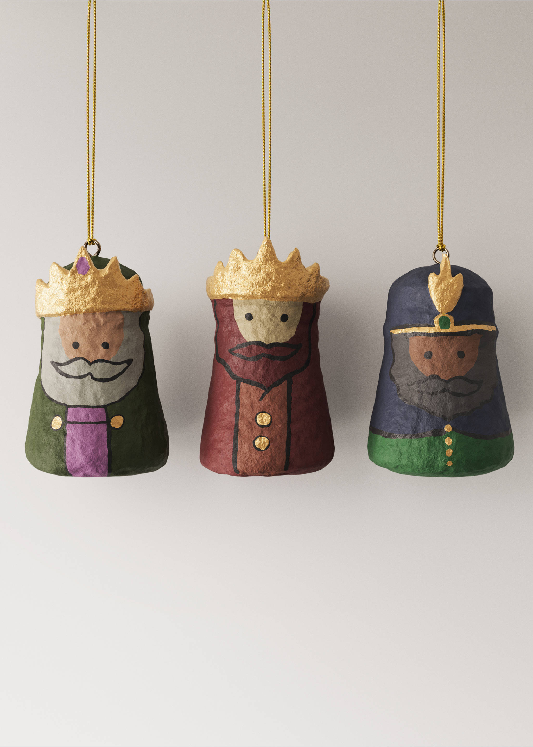 Three paper mache Christmas ornaments shaped like the Three Wise Men, hanging on gold cords., Red. Ref: 37006765-00.