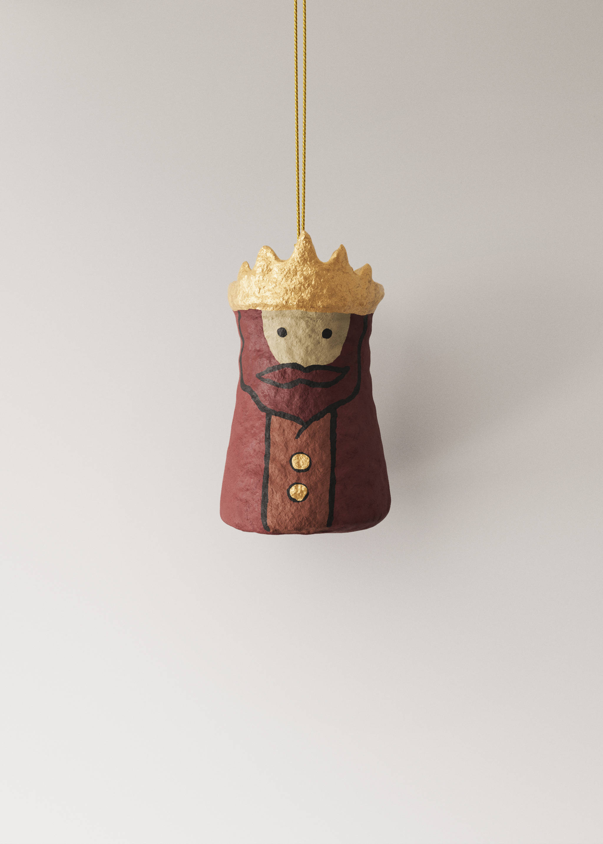 Burgundy paper-mâché Wise Man Christmas ornament with a gold crown and buttons.