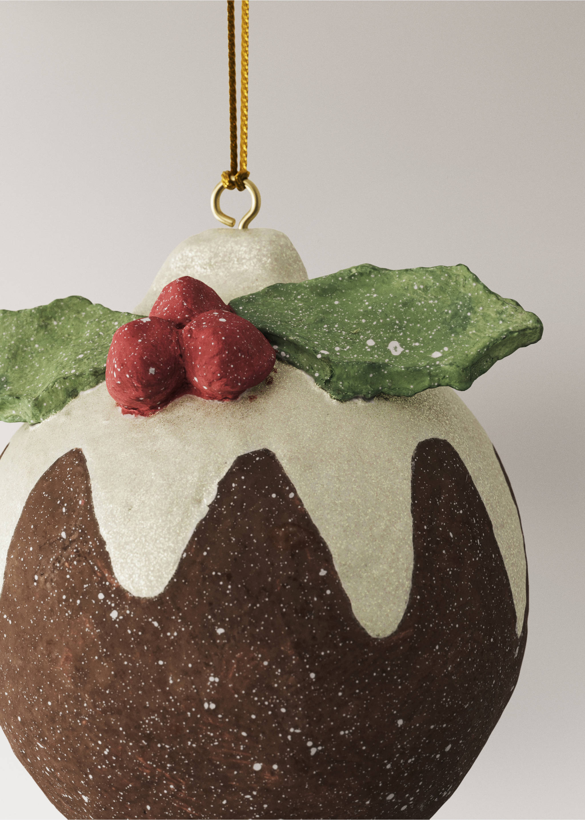 Set of four festive papier-mâché Christmas tree ornaments including cakes, a gingerbread man and a cup of biscuits., Brown. Ref: 37006770-00.
