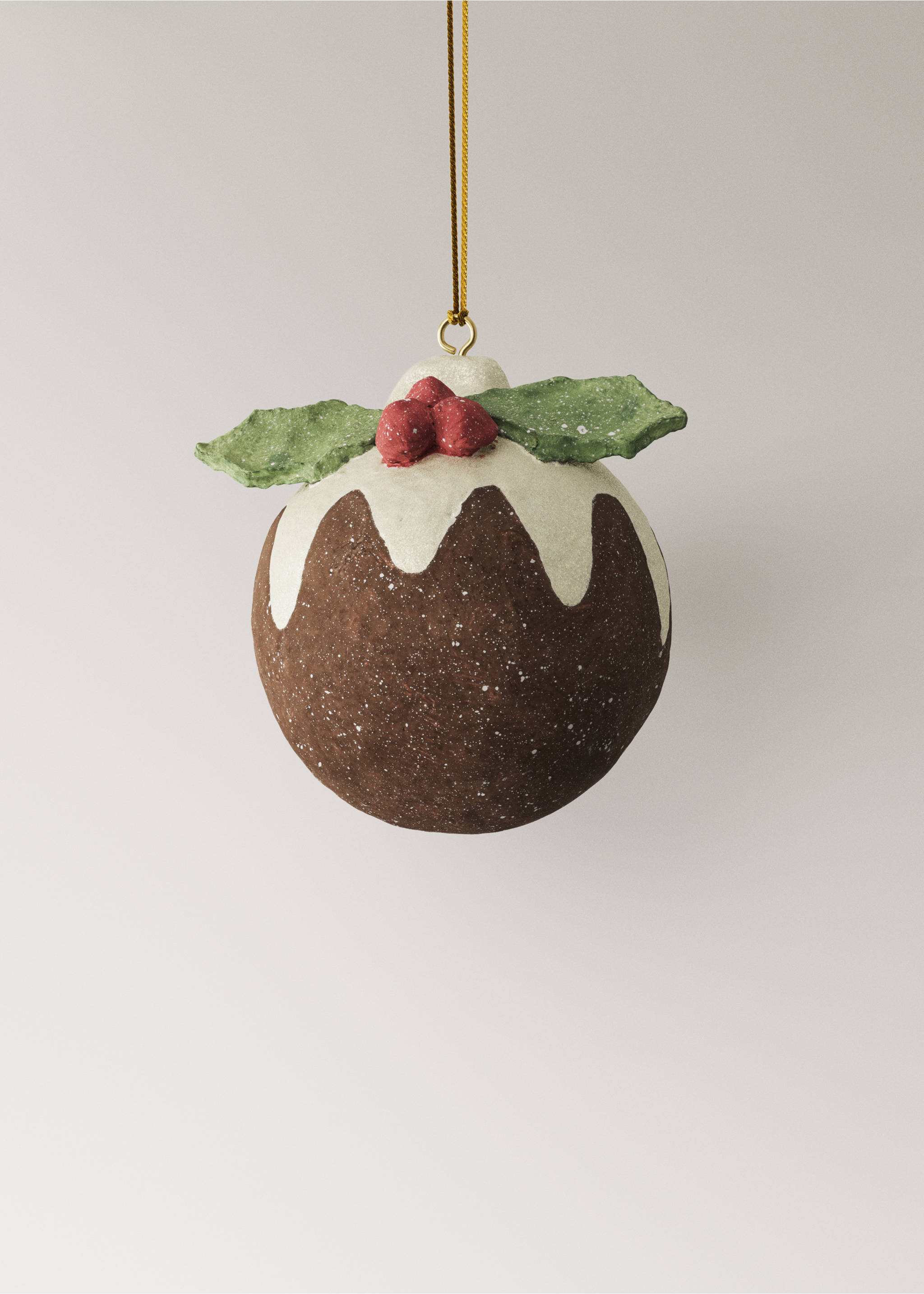 Christmas pudding paper mache ornament with green leaves and red berries., Brown. Ref: 37006770-00.