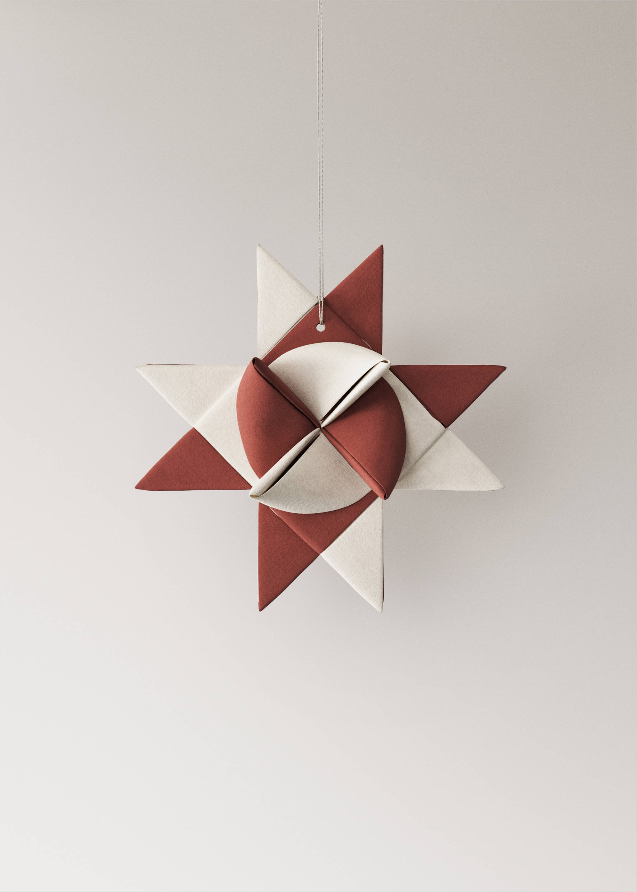 Two hanging red and white geometric star Christmas ornaments., Red. Ref: 37006773-00.