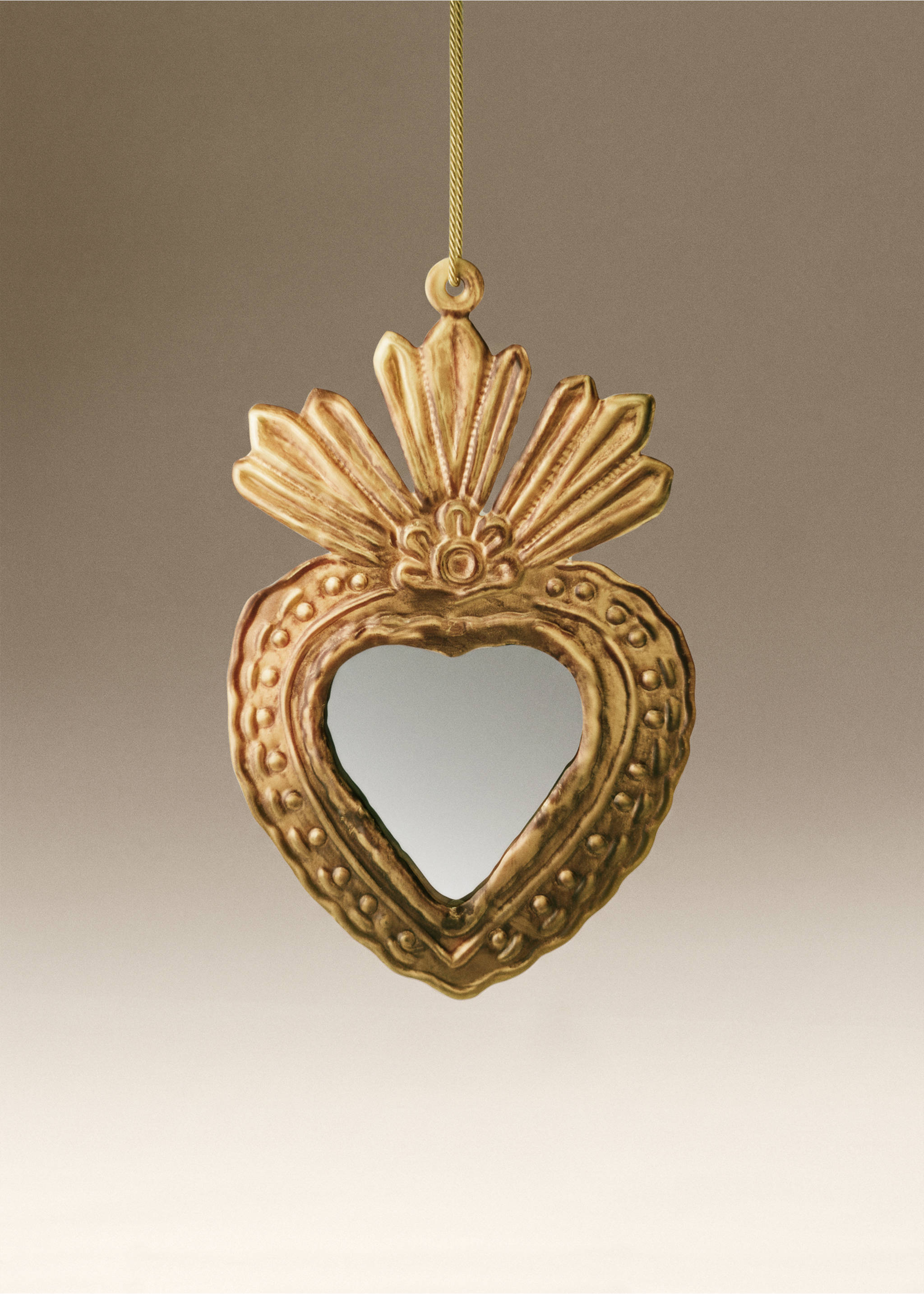 Gold heart-shaped Christmas ornament with a mirror inset and rayed crest., Gold. Ref: 37006778-00.