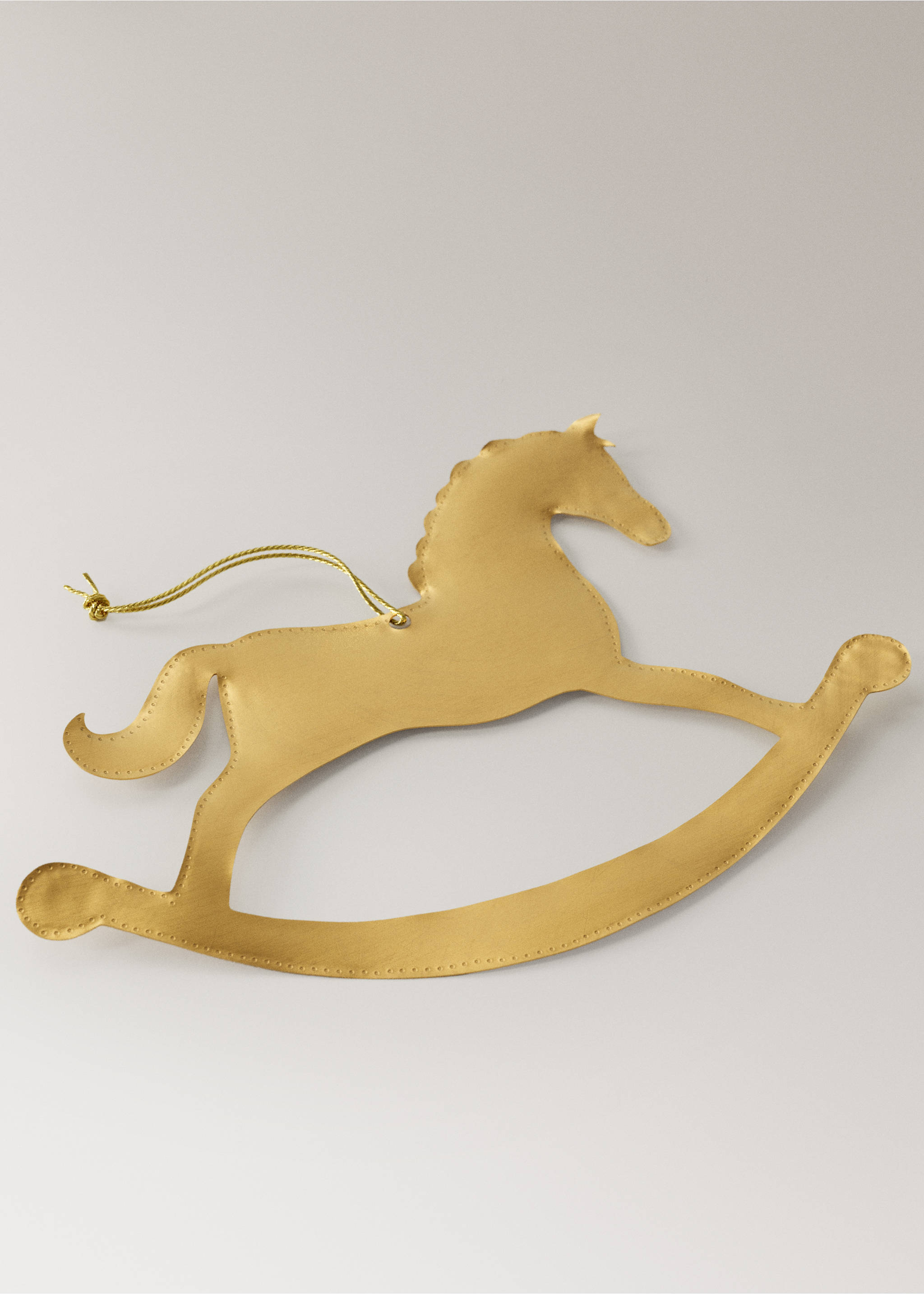 Gold-coloured rocking horse Christmas ornament with stitched edge detail and a hanging cord., Gold. Ref: 37006780-00.