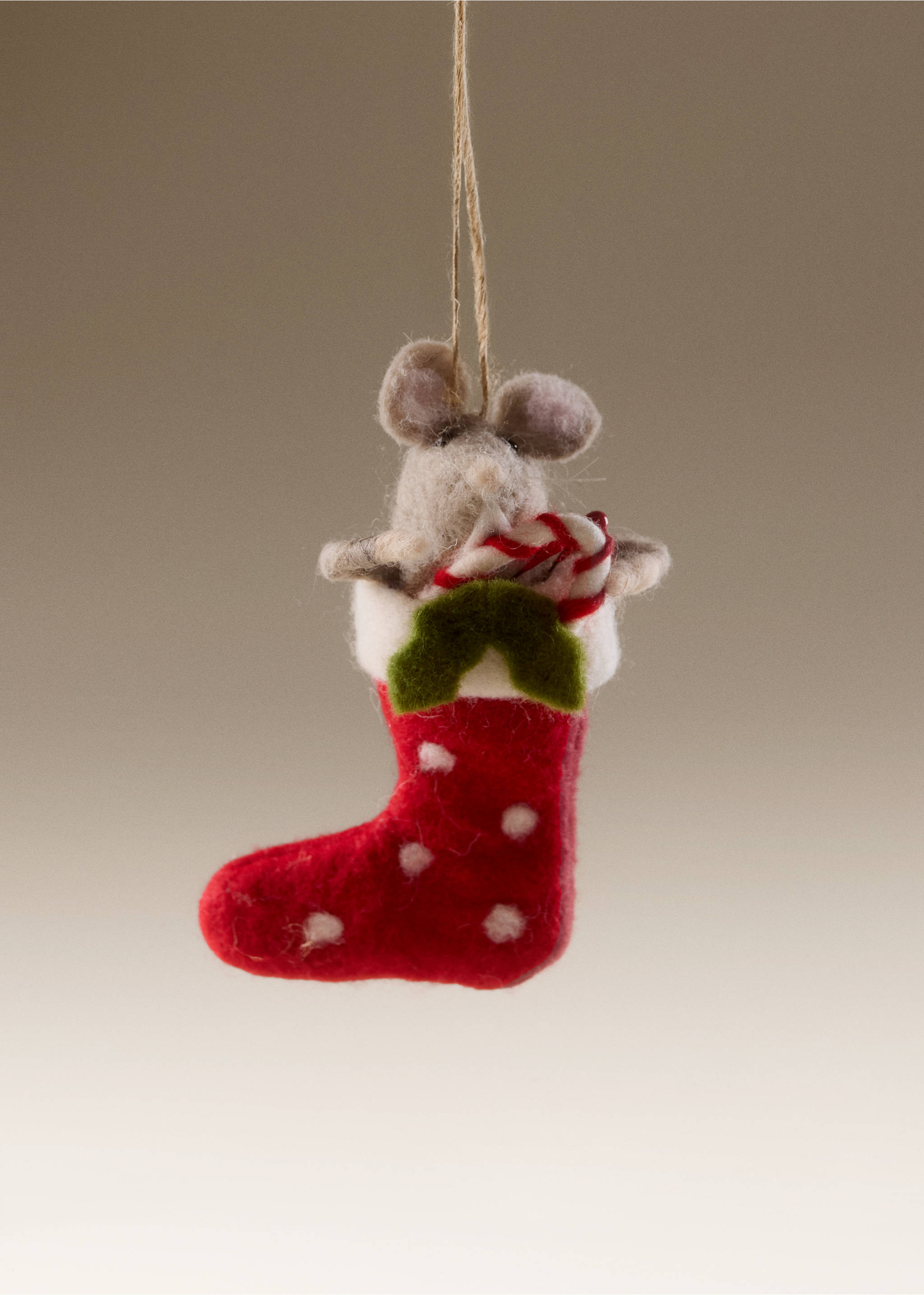 Felt Christmas stocking ornament in red with white polka dots, featuring a mouse holding a candy cane., Red. Ref: 37006785-00.