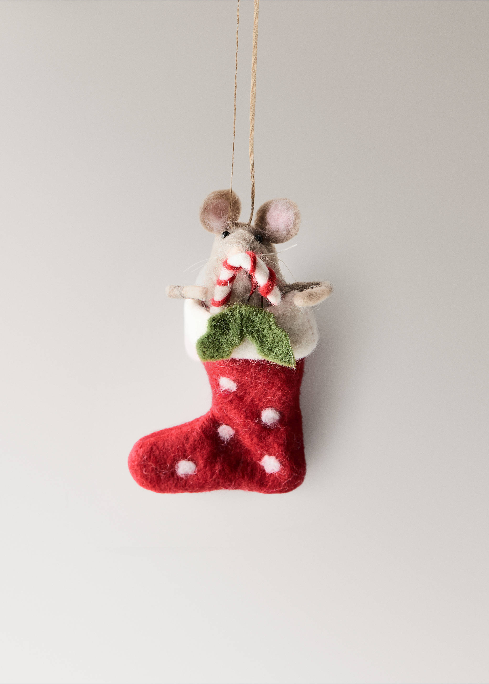 Felt Christmas ornament of a mouse in a red polka-dot stocking holding a candy cane., Red. Ref: 37006785-00.