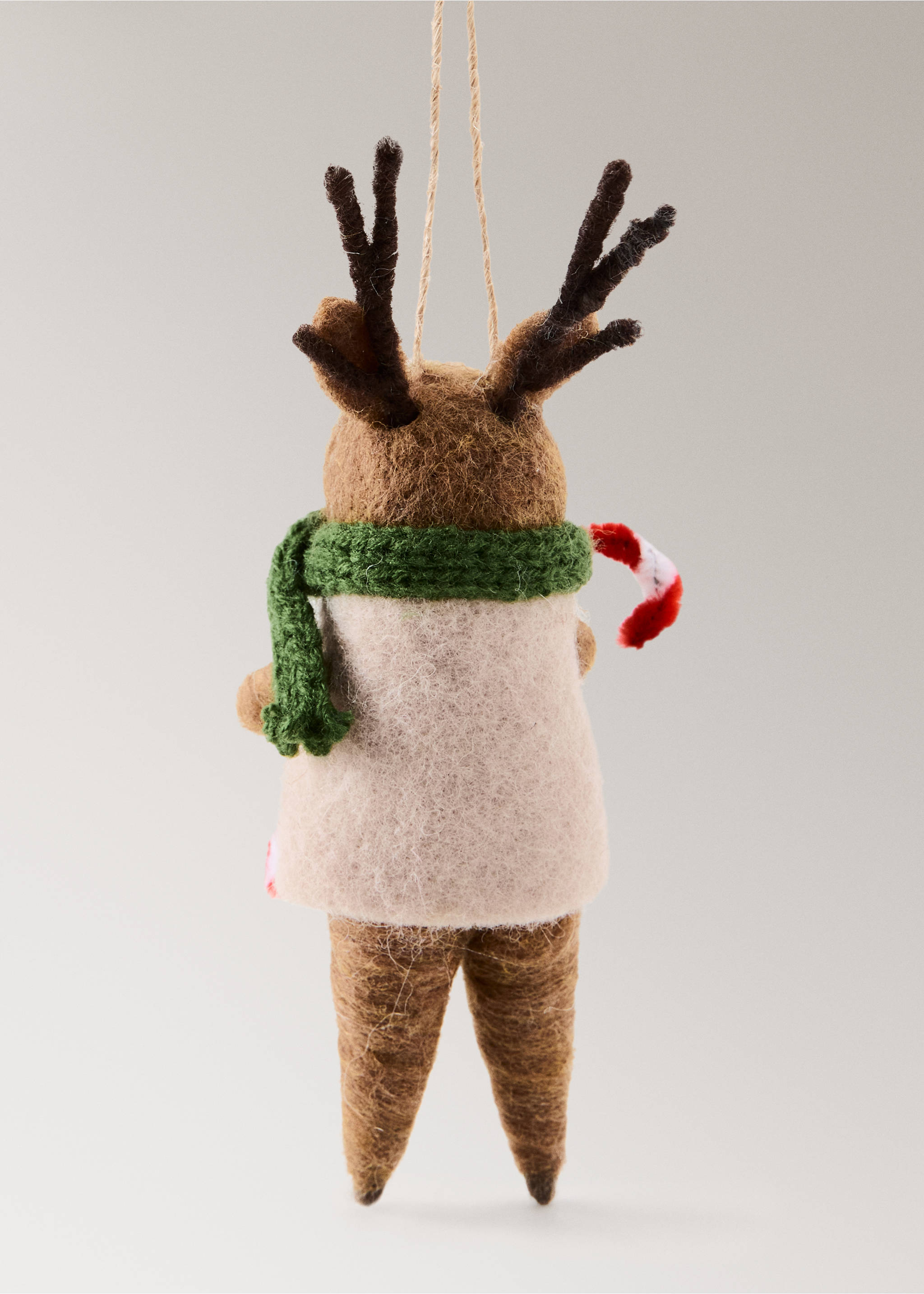 Felt reindeer Christmas ornament with a green knitted scarf and vest., Green. Ref: 37006791-00.