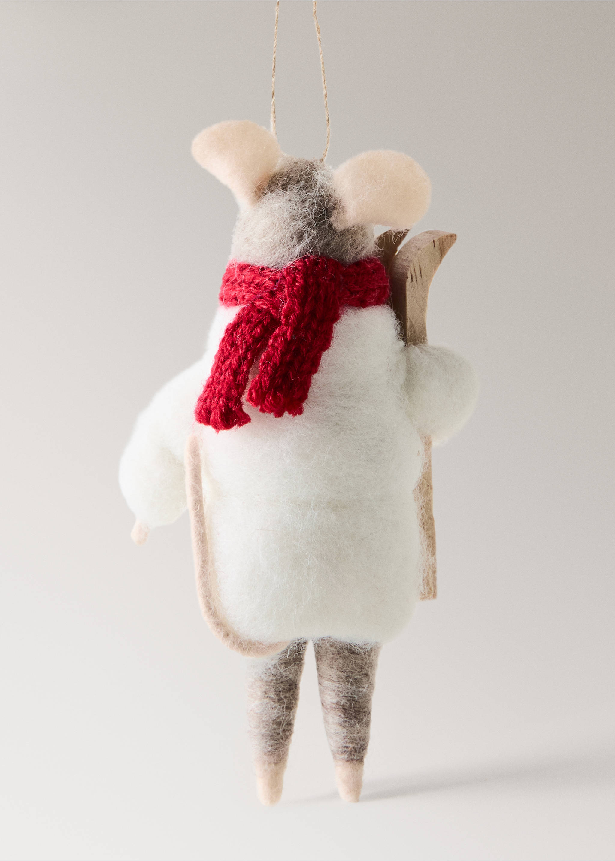 Felt Christmas ornament shaped like a mouse with a red scarf and wooden skis., White. Ref: 37006792-00.
