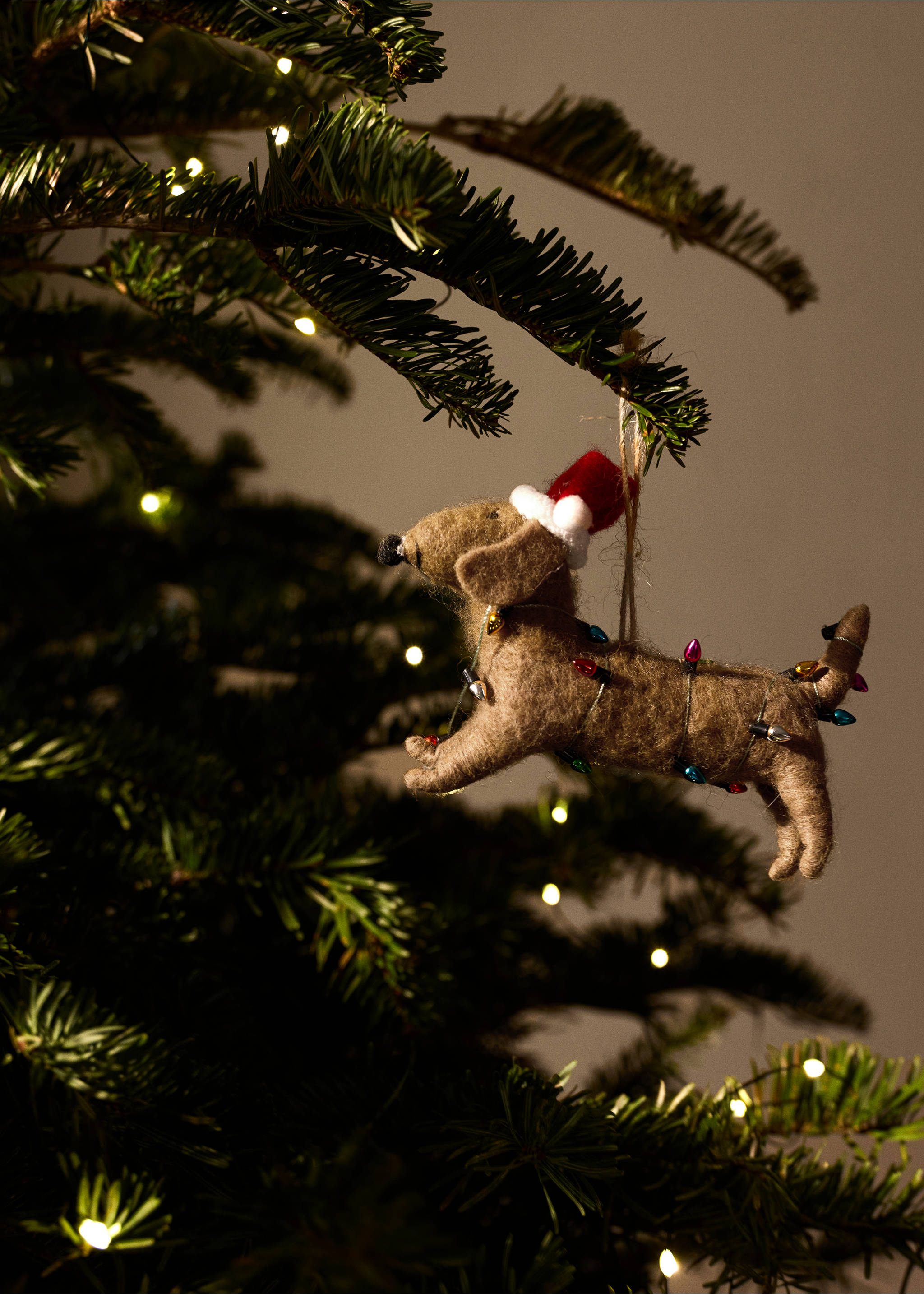 Brown felt dachshund Christmas ornament wearing a Santa hat and wrapped in fairy lights., Brown. Ref: 37006793-00.