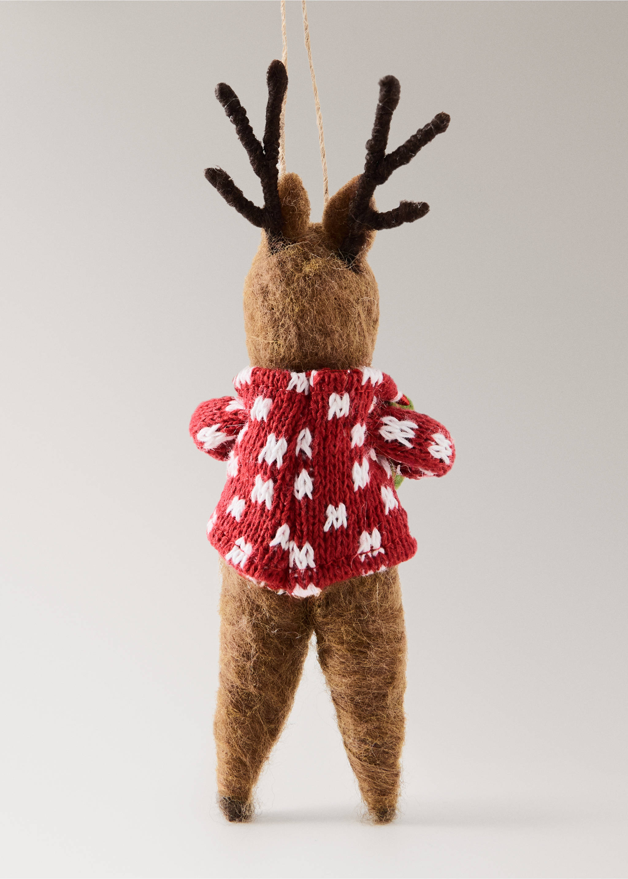 Christmas reindeer ornament in brown felt wearing a red patterned knit sweater., Red. Ref: 37006795-00.